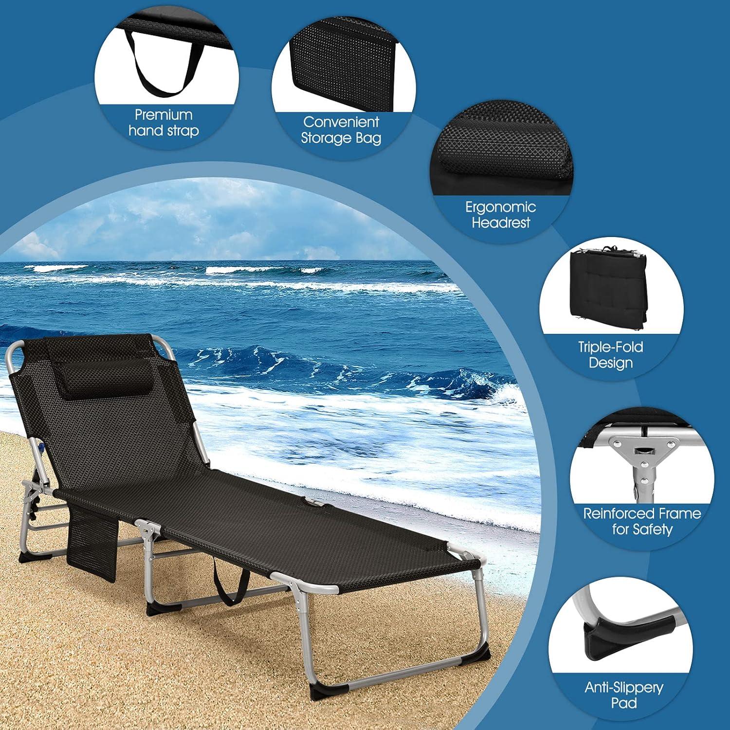 image:imageGiantex Lounge Chair Chaise Lounger Beach Recliner with Mattress 4 Adjustable Reclining Position Pillow Side Pocket for Beach Sunbathing Patio Pool Lawn Deck Folding Camping Cot 1 BeigeBlack
