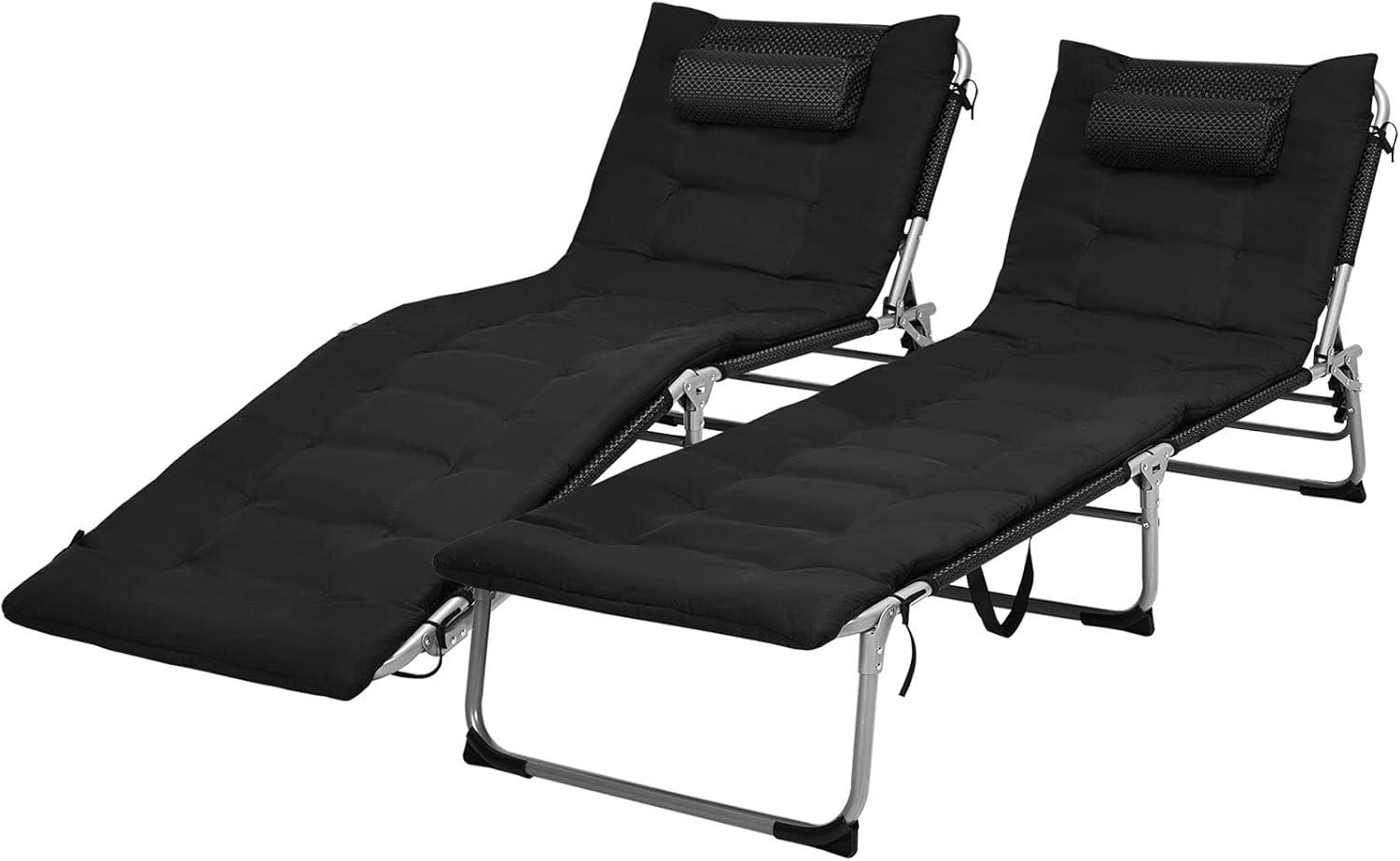 image:imageGiantex Lounge Chair Chaise Lounger Beach Recliner with Mattress 4 Adjustable Reclining Position Pillow Side Pocket for Beach Sunbathing Patio Pool Lawn Deck Folding Camping Cot 1 BeigeBlack