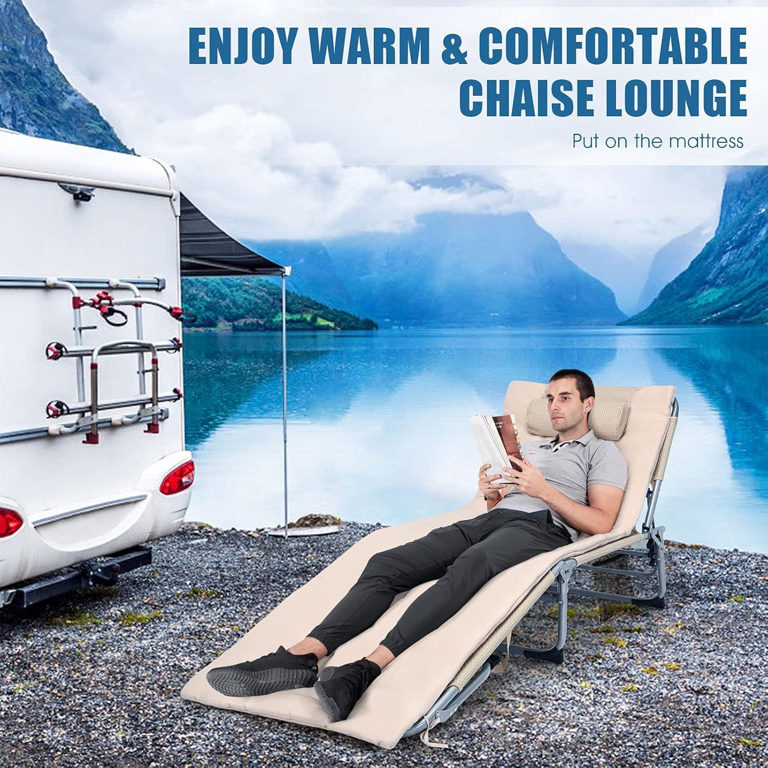 image:imageGiantex Lounge Chair Chaise Lounger Beach Recliner with Mattress 4 Adjustable Reclining Position Pillow Side Pocket for Beach Sunbathing Patio Pool Lawn Deck Folding Camping Cot 1 BeigeBeige