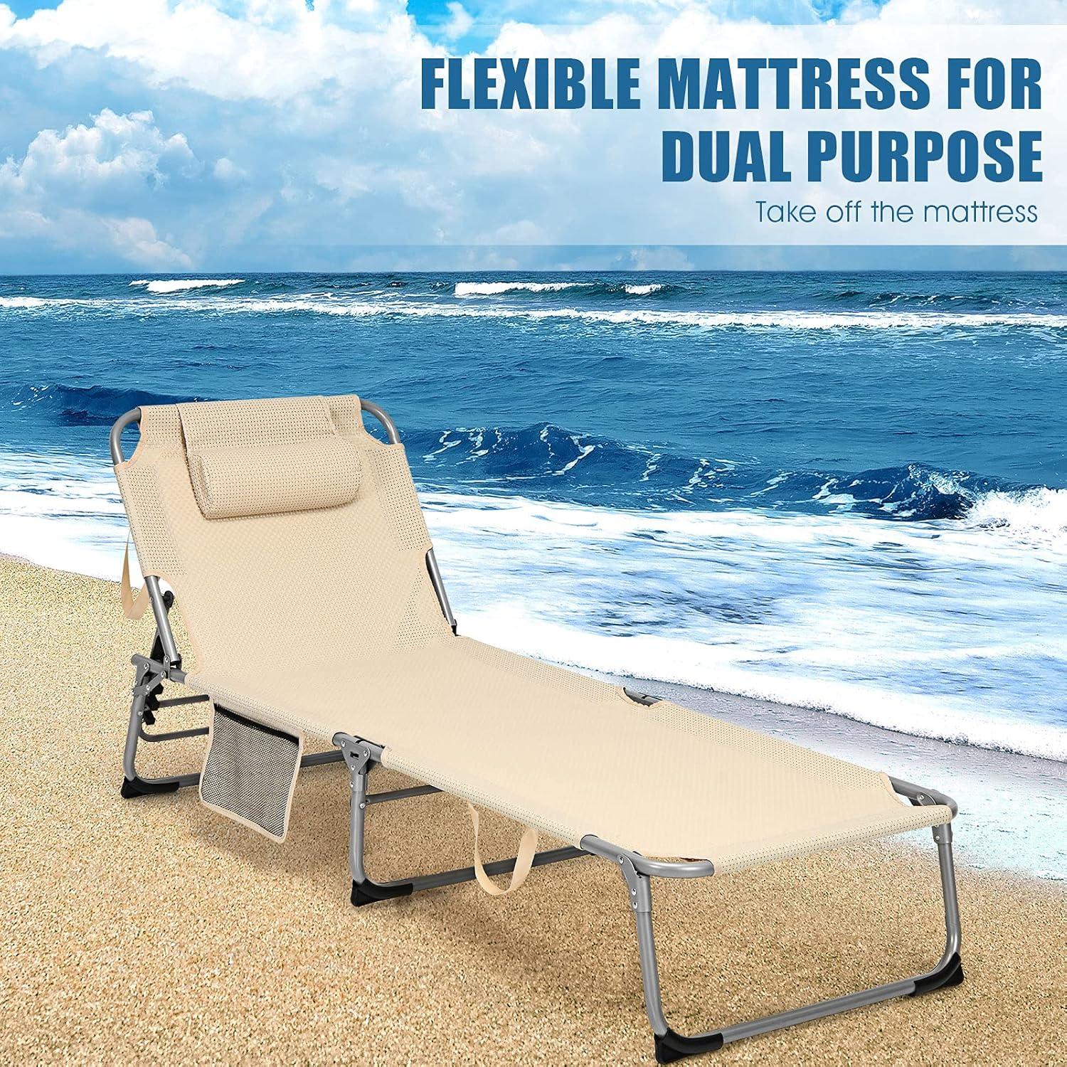 image:imageGiantex Lounge Chair Chaise Lounger Beach Recliner with Mattress 4 Adjustable Reclining Position Pillow Side Pocket for Beach Sunbathing Patio Pool Lawn Deck Folding Camping Cot 1 BeigeBeige