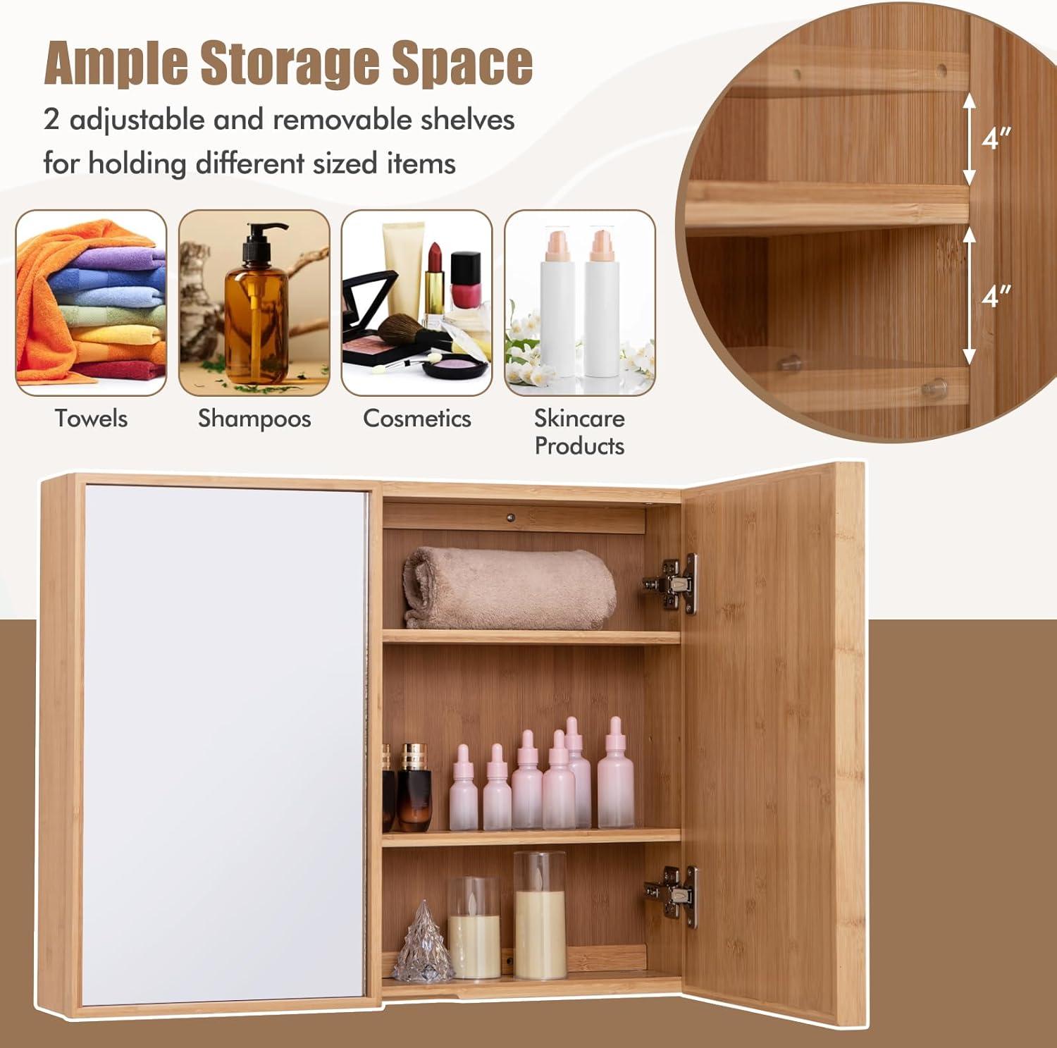 image:imageGiantex Medicine Cabinet Bathroom Medicine Cabinet with Mirror Reversible Double Door 2 Adjustable Shelves Bamboo Vanity Mirror Cabinet for Entryway Living Room Bathroom Wall Cabinet Natural