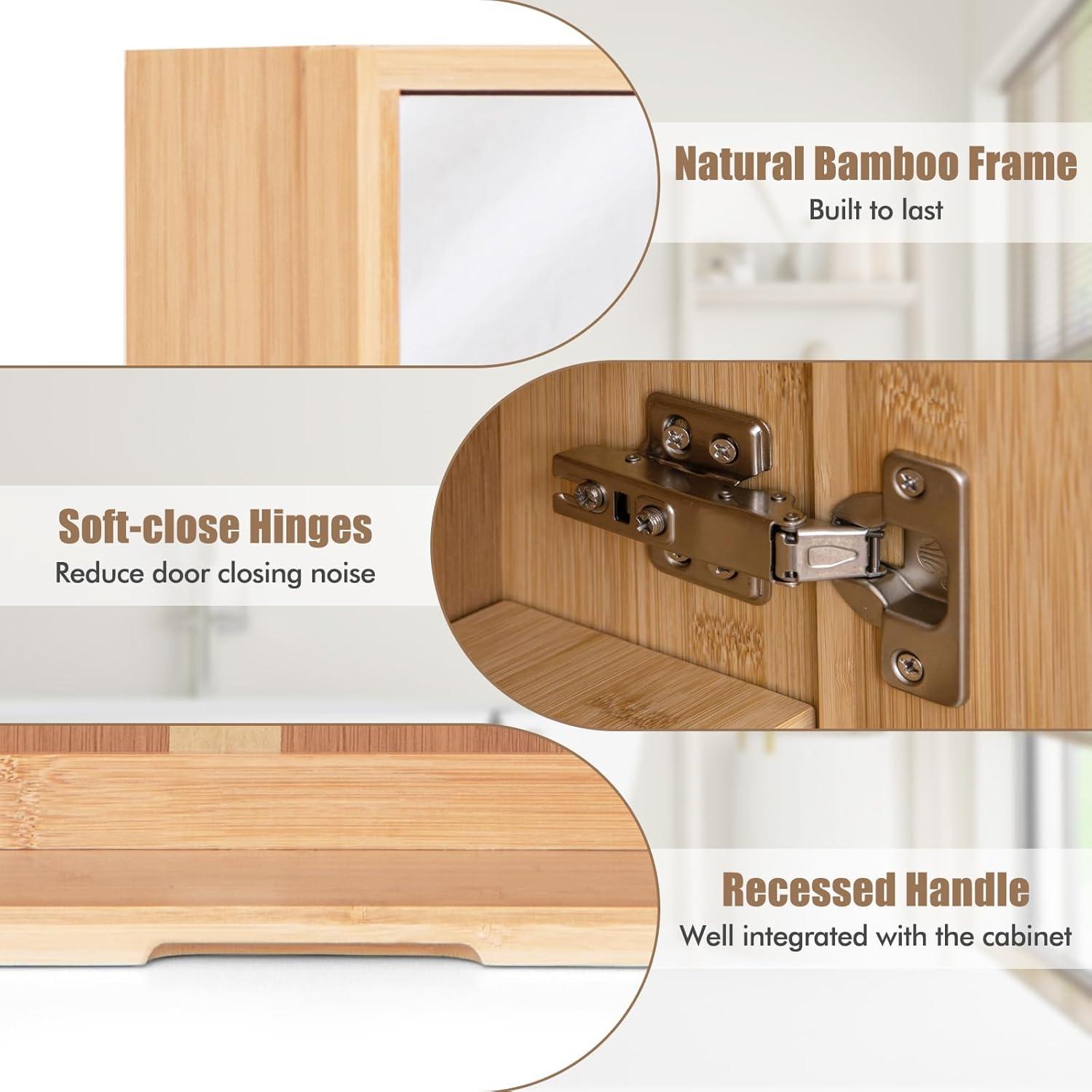 image:imageGiantex Medicine Cabinet Bathroom Medicine Cabinet with Mirror Reversible Double Door 2 Adjustable Shelves Bamboo Vanity Mirror Cabinet for Entryway Living Room Bathroom Wall Cabinet Natural