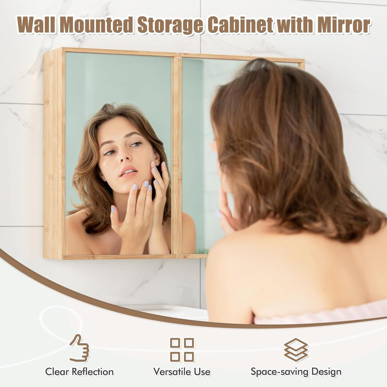 image:imageGiantex Medicine Cabinet Bathroom Medicine Cabinet with Mirror Reversible Double Door 2 Adjustable Shelves Bamboo Vanity Mirror Cabinet for Entryway Living Room Bathroom Wall Cabinet Natural