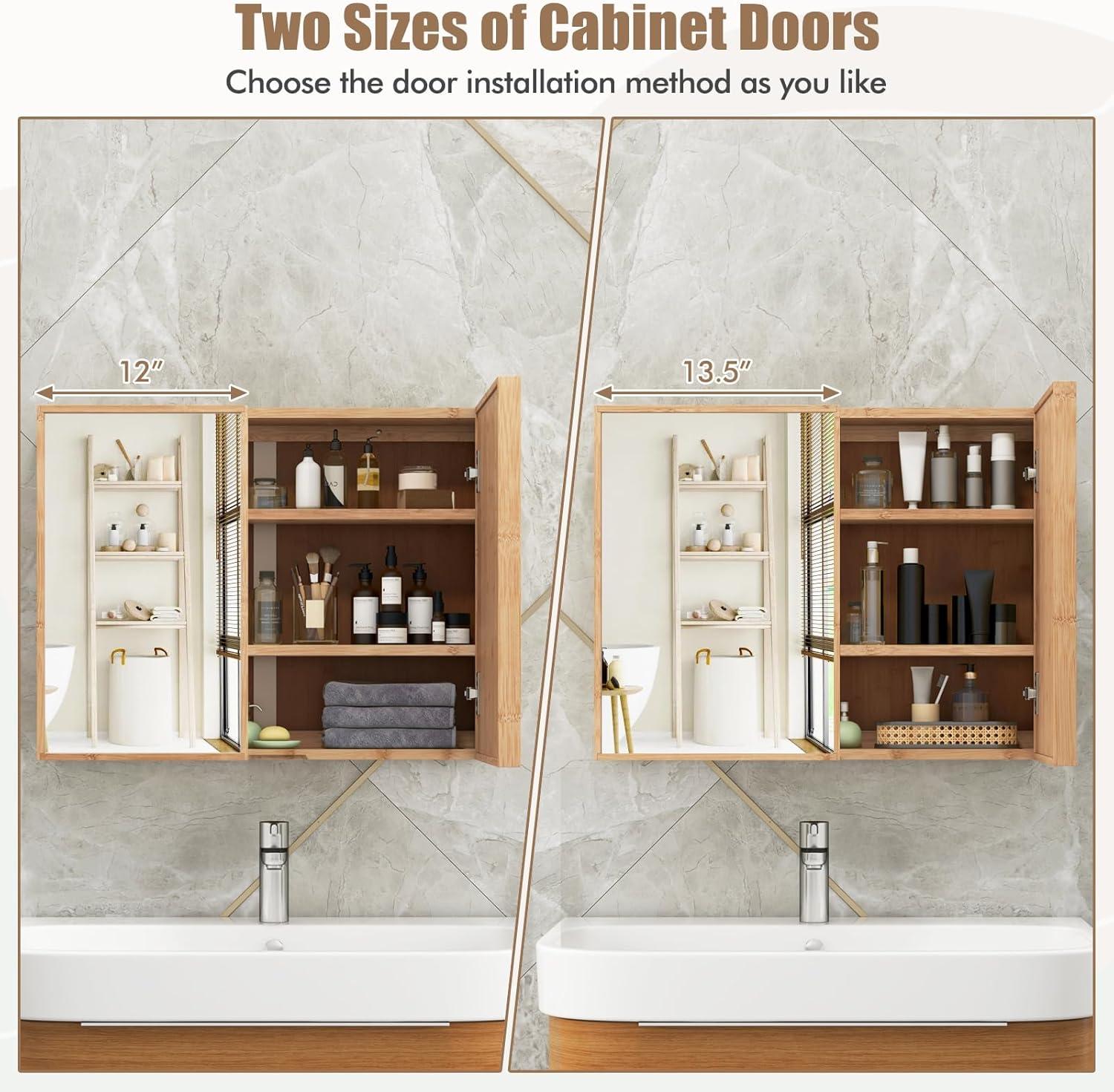 image:imageGiantex Medicine Cabinet Bathroom Medicine Cabinet with Mirror Reversible Double Door 2 Adjustable Shelves Bamboo Vanity Mirror Cabinet for Entryway Living Room Bathroom Wall Cabinet Natural