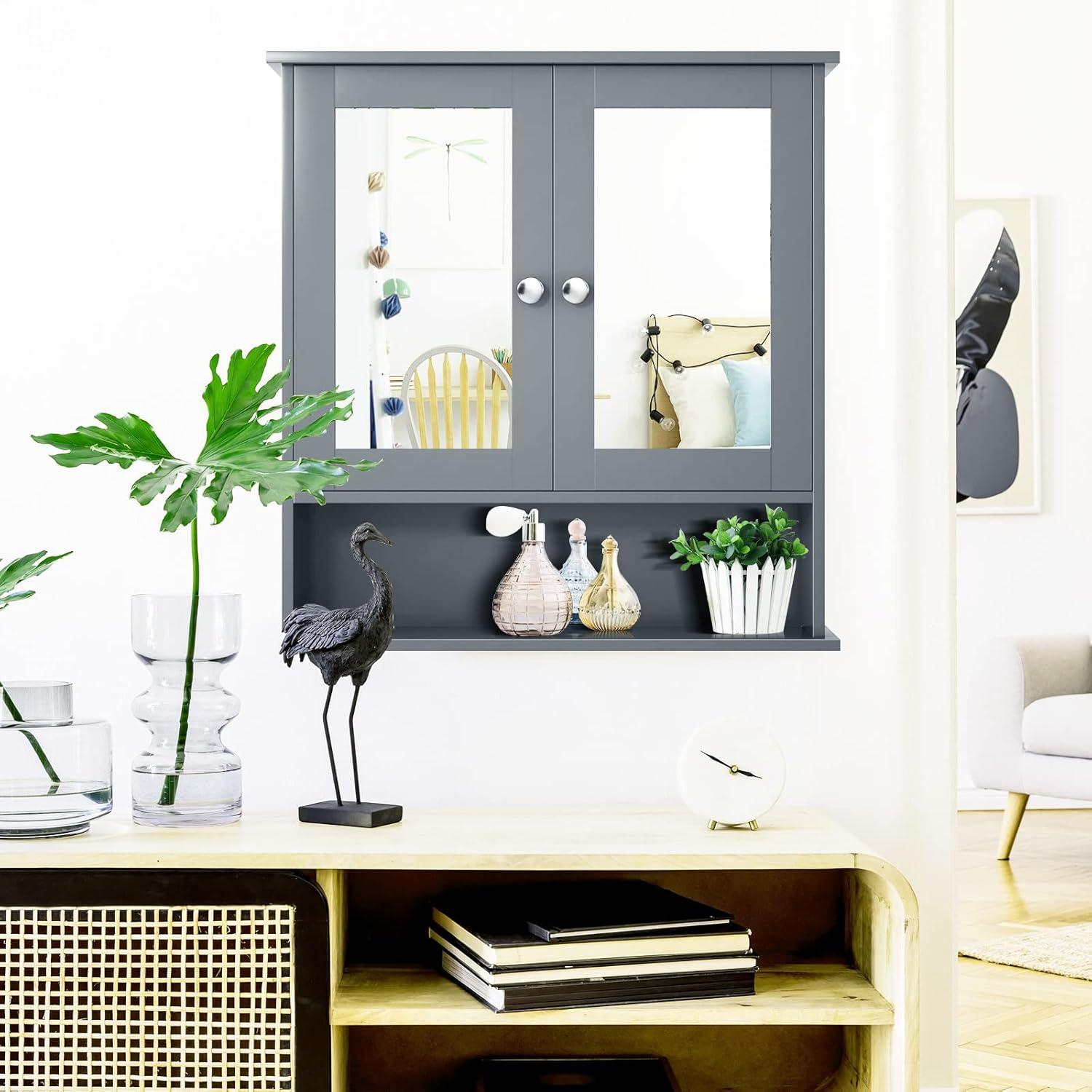 image:imageGiantex Medicine Cabinet Bathroom Wall Cabinet with 2 Mirrored Doors Adjustable Shelf Open Compartment Wall Mounted Cabinet Over The Toilet Storage Cabinet 22 x 5 x 23 Cupboard GreyGrey