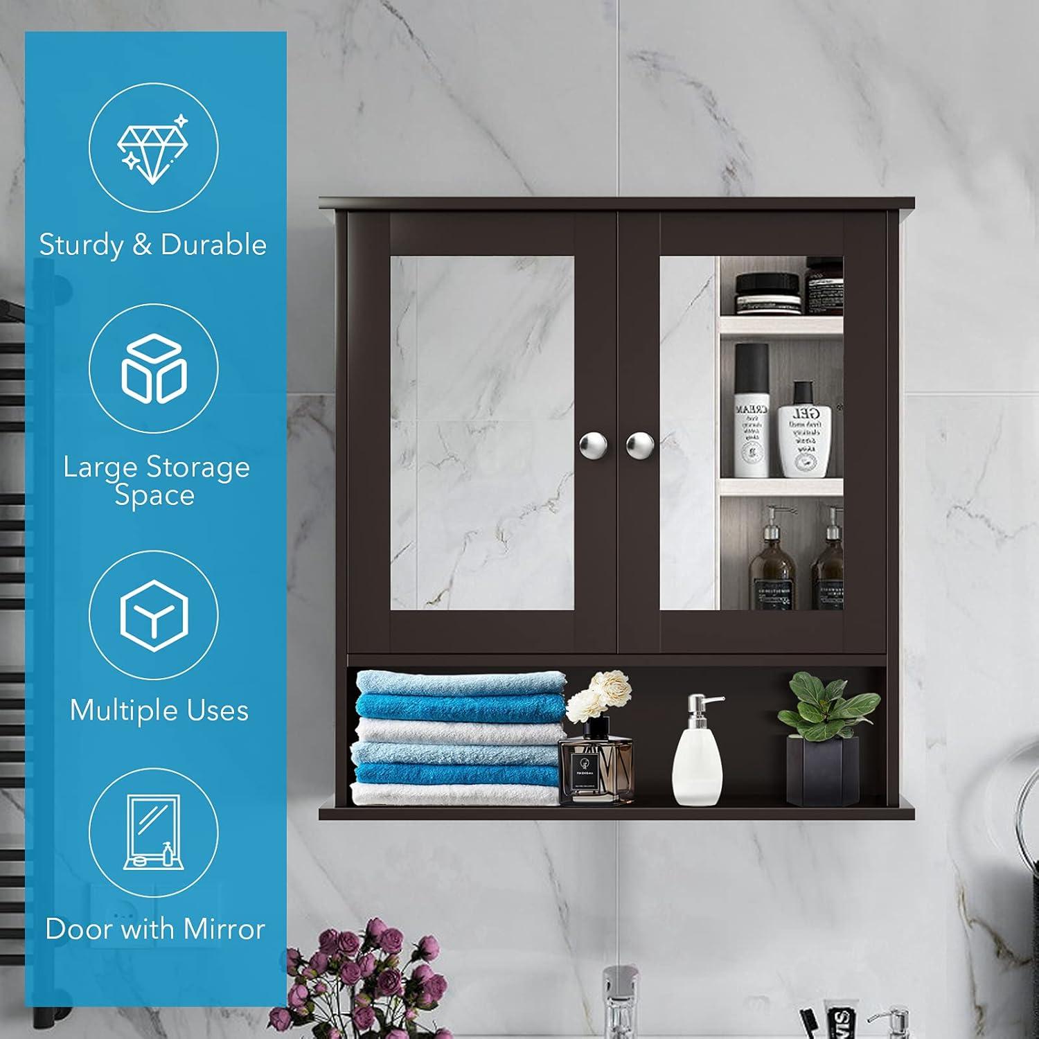 image:imageGiantex Medicine Cabinet Bathroom Wall Cabinet with 2 Mirrored Doors Adjustable Shelf Open Compartment Wall Mounted Cabinet Over The Toilet Storage Cabinet 22 x 5 x 23 Cupboard GreyBrown