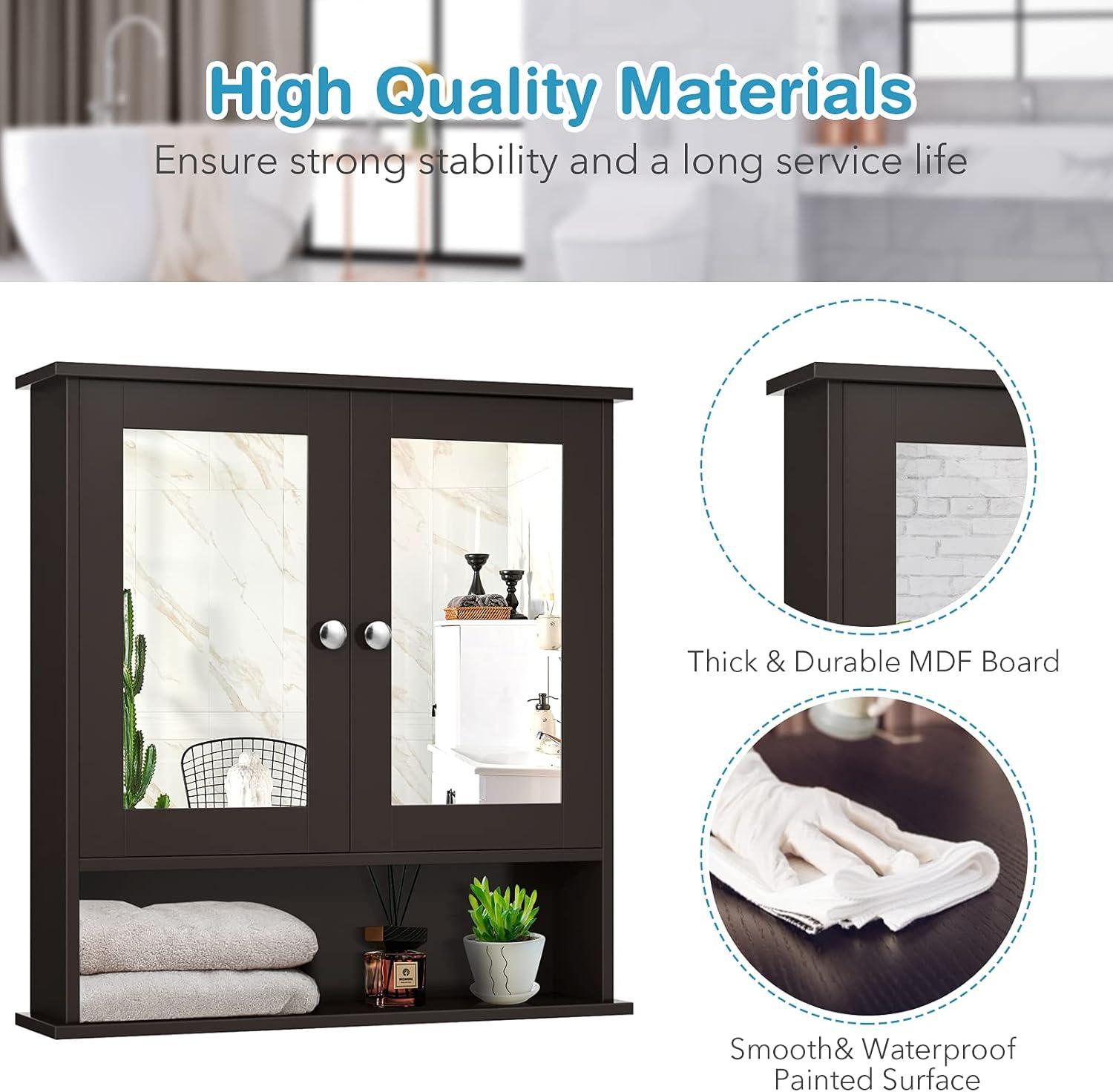 image:imageGiantex Medicine Cabinet Bathroom Wall Cabinet with 2 Mirrored Doors Adjustable Shelf Open Compartment Wall Mounted Cabinet Over The Toilet Storage Cabinet 22 x 5 x 23 Cupboard GreyBrown