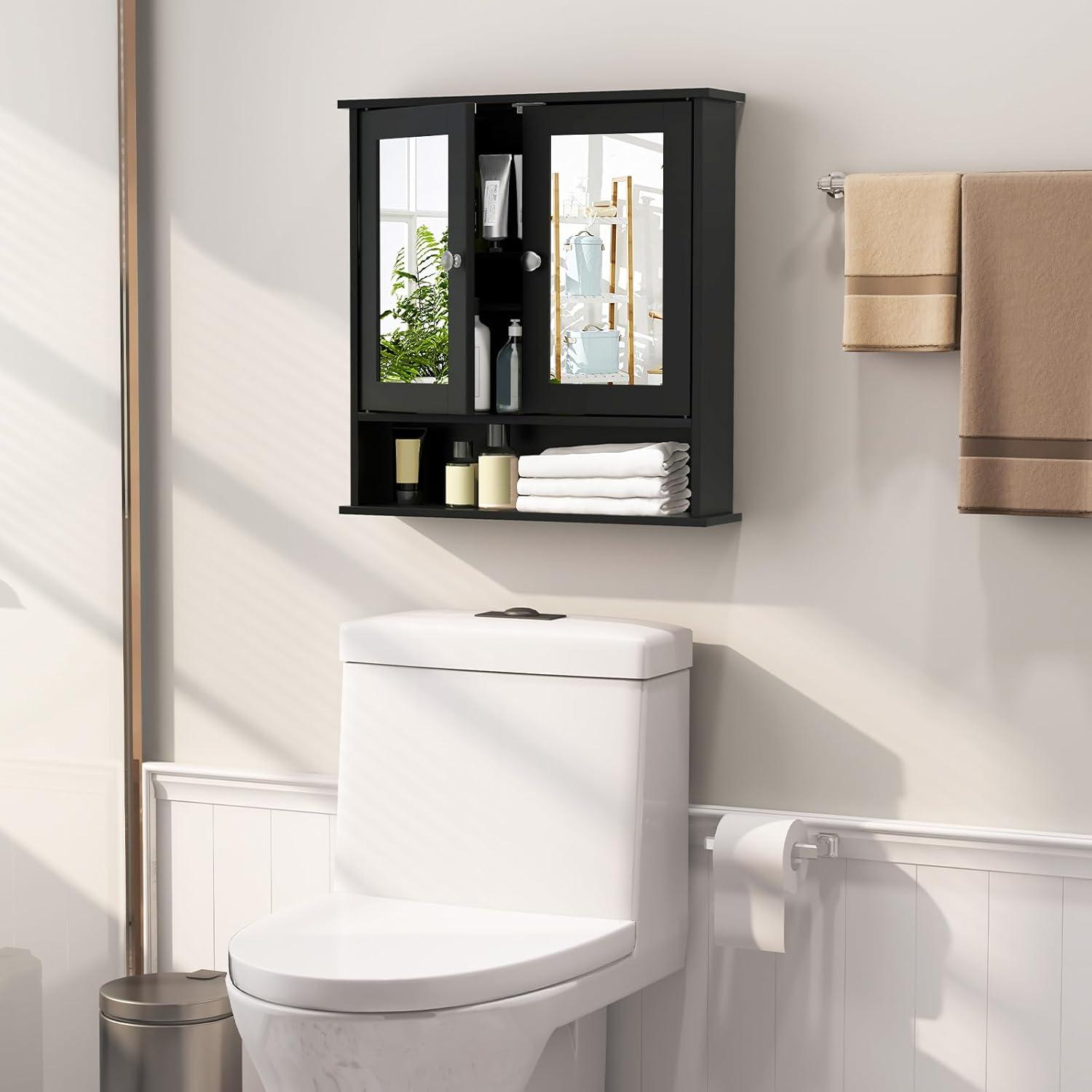 image:imageGiantex Medicine Cabinet Bathroom Wall Cabinet with 2 Mirrored Doors Adjustable Shelf Open Compartment Wall Mounted Cabinet Over The Toilet Storage Cabinet 22 x 5 x 23 Cupboard GreyBlack