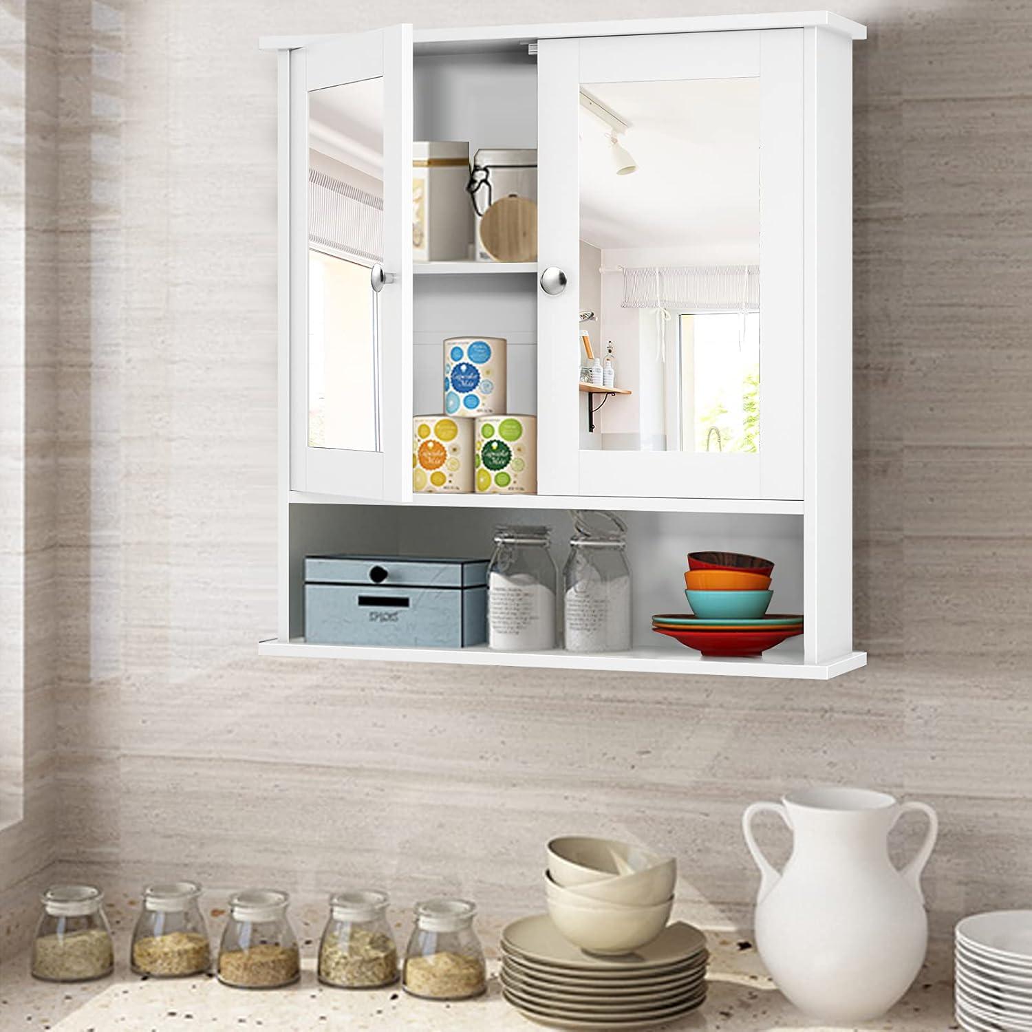 image:imageGiantex Medicine Cabinet Bathroom Wall Cabinet with 2 Mirrored Doors Adjustable Shelf Open Compartment Wall Mounted Cabinet Over The Toilet Storage Cabinet 22 x 5 x 23 Cupboard GreyWhite