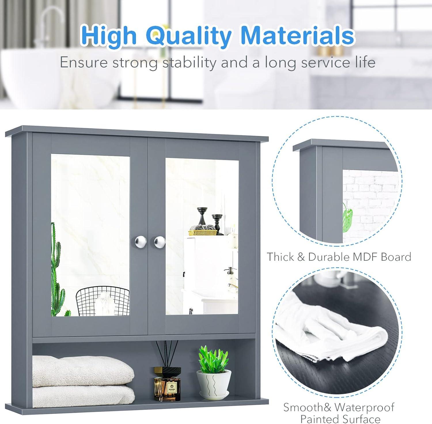 image:imageGiantex Medicine Cabinet Bathroom Wall Cabinet with 2 Mirrored Doors Adjustable Shelf Open Compartment Wall Mounted Cabinet Over The Toilet Storage Cabinet 22 x 5 x 23 Cupboard GreyGrey