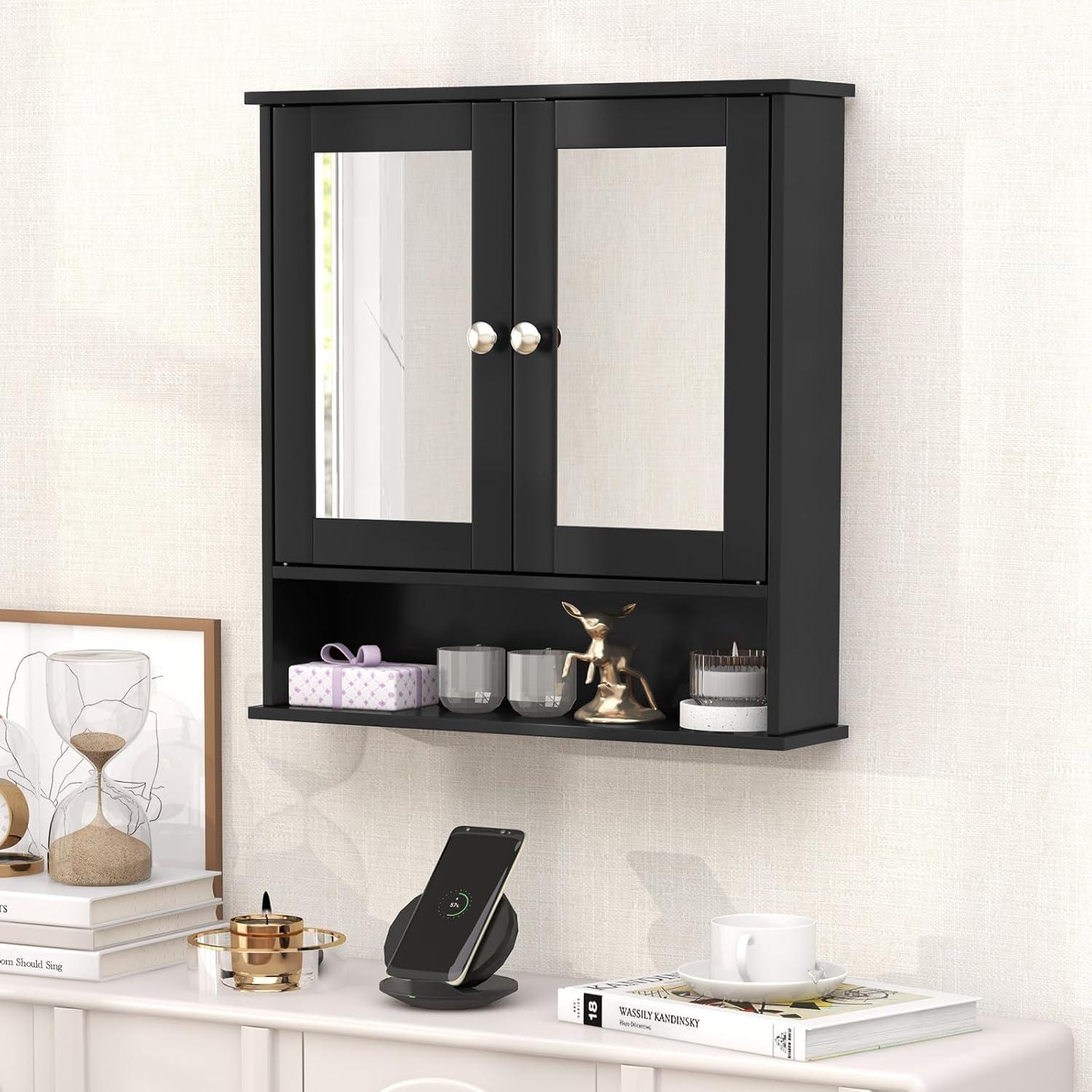 image:imageGiantex Medicine Cabinet Bathroom Wall Cabinet with 2 Mirrored Doors Adjustable Shelf Open Compartment Wall Mounted Cabinet Over The Toilet Storage Cabinet 22 x 5 x 23 Cupboard GreyBlack