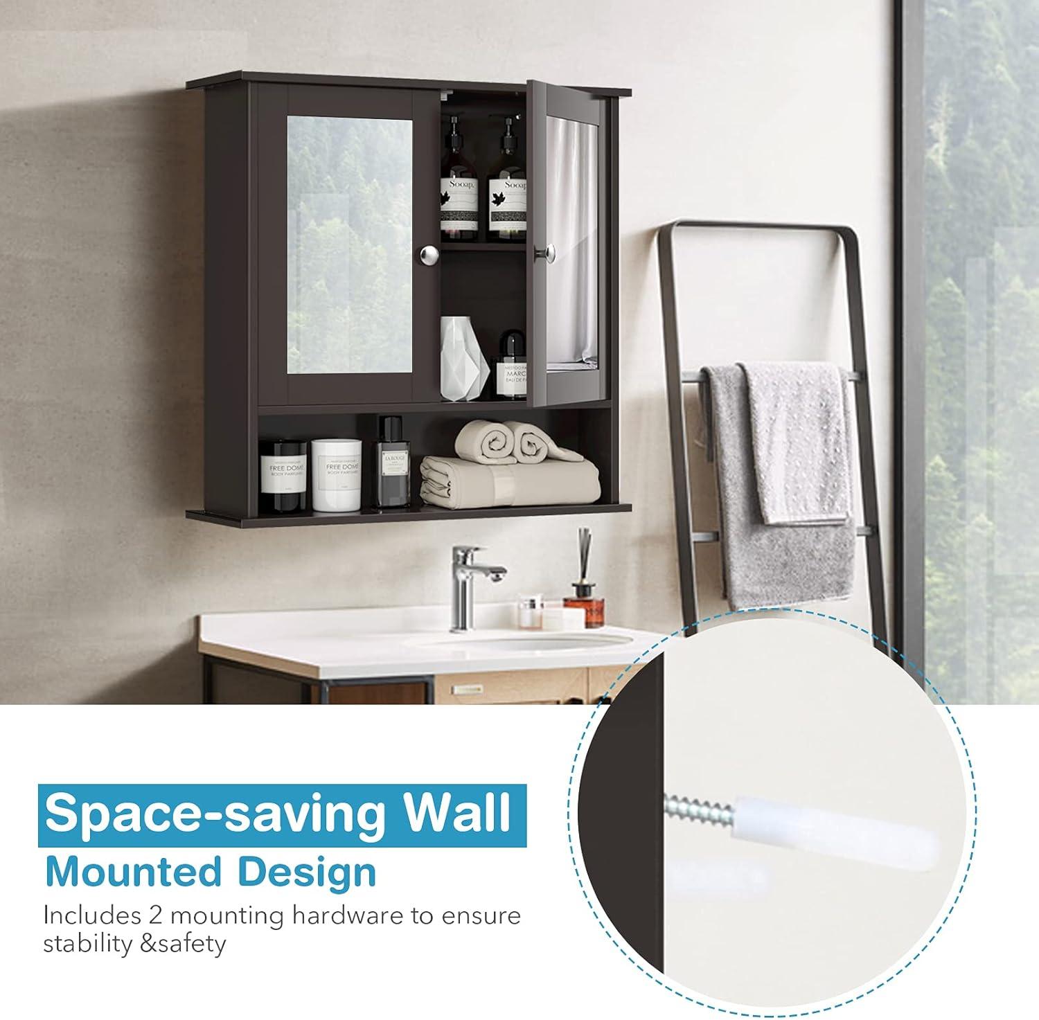 image:imageGiantex Medicine Cabinet Bathroom Wall Cabinet with 2 Mirrored Doors Adjustable Shelf Open Compartment Wall Mounted Cabinet Over The Toilet Storage Cabinet 22 x 5 x 23 Cupboard GreyBrown