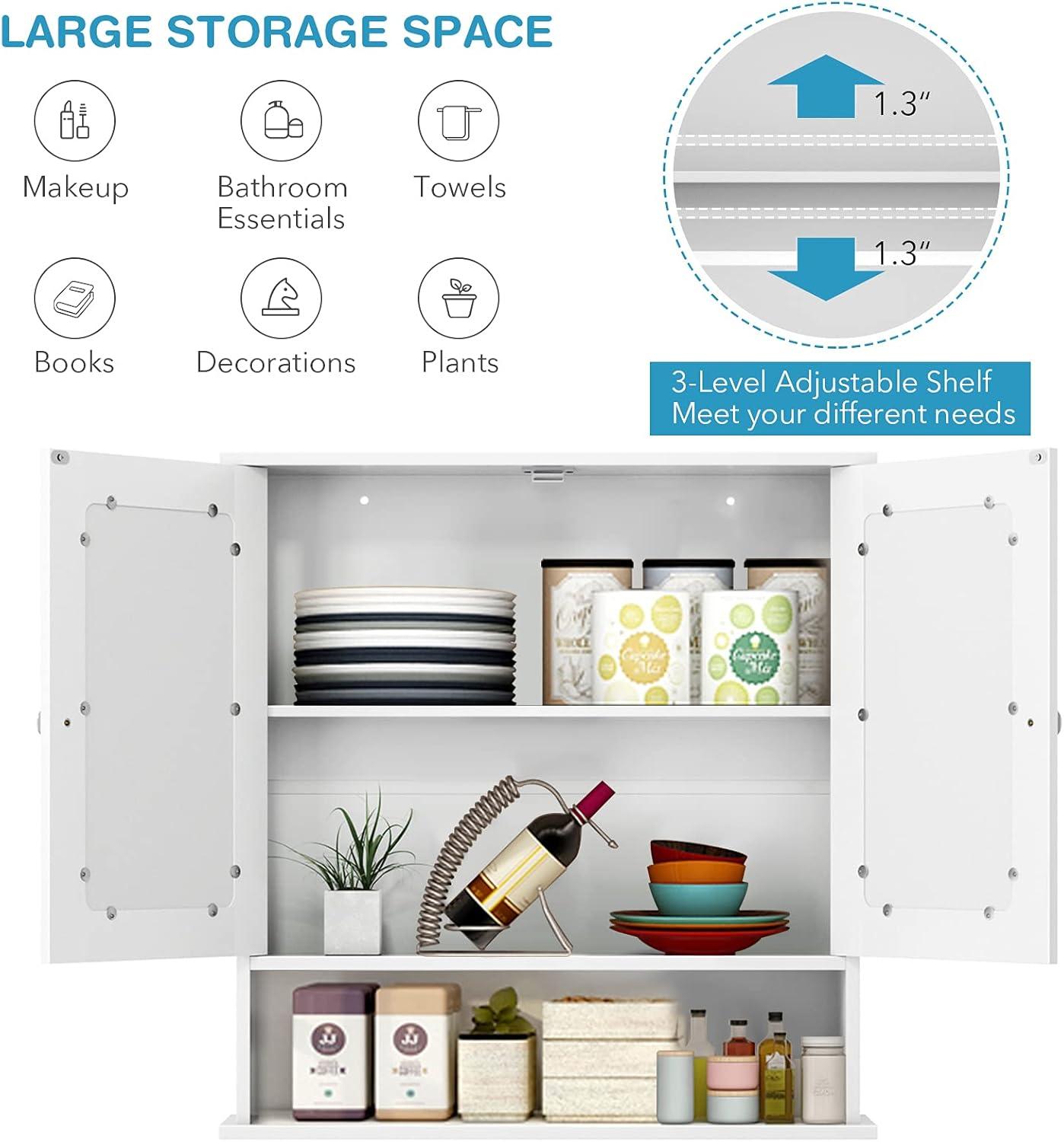 image:imageGiantex Medicine Cabinet Bathroom Wall Cabinet with 2 Mirrored Doors Adjustable Shelf Open Compartment Wall Mounted Cabinet Over The Toilet Storage Cabinet 22 x 5 x 23 Cupboard GreyWhite