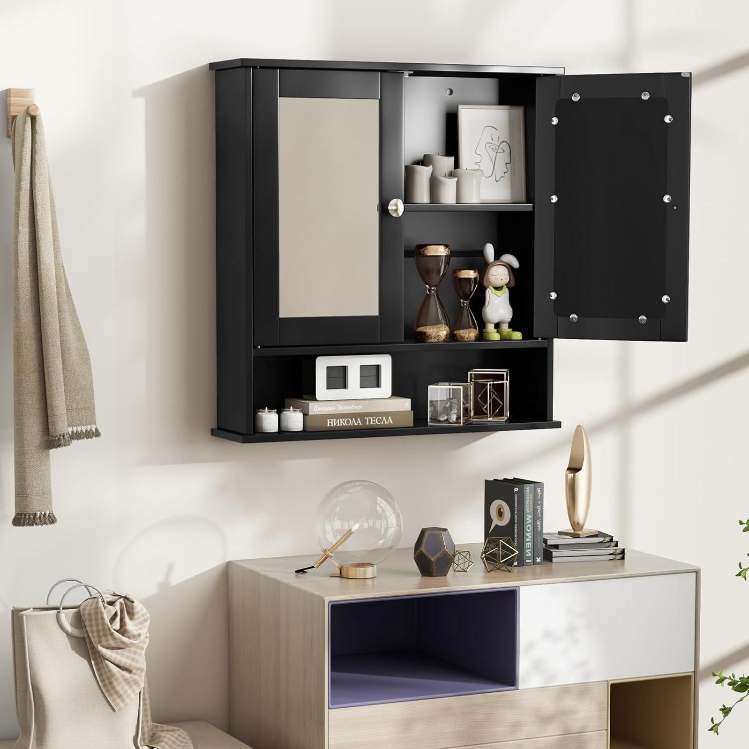 image:imageGiantex Medicine Cabinet Bathroom Wall Cabinet with 2 Mirrored Doors Adjustable Shelf Open Compartment Wall Mounted Cabinet Over The Toilet Storage Cabinet 22 x 5 x 23 Cupboard GreyBlack