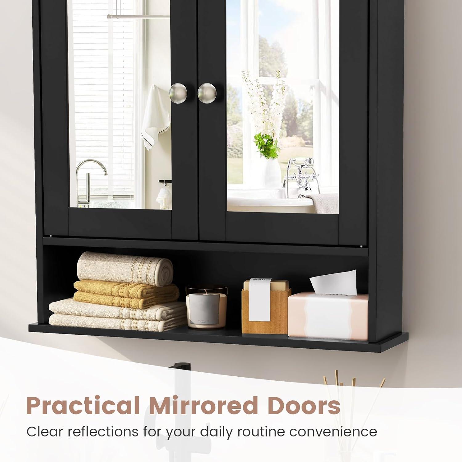 image:imageGiantex Medicine Cabinet Bathroom Wall Cabinet with 2 Mirrored Doors Adjustable Shelf Open Compartment Wall Mounted Cabinet Over The Toilet Storage Cabinet 22 x 5 x 23 Cupboard GreyBlack