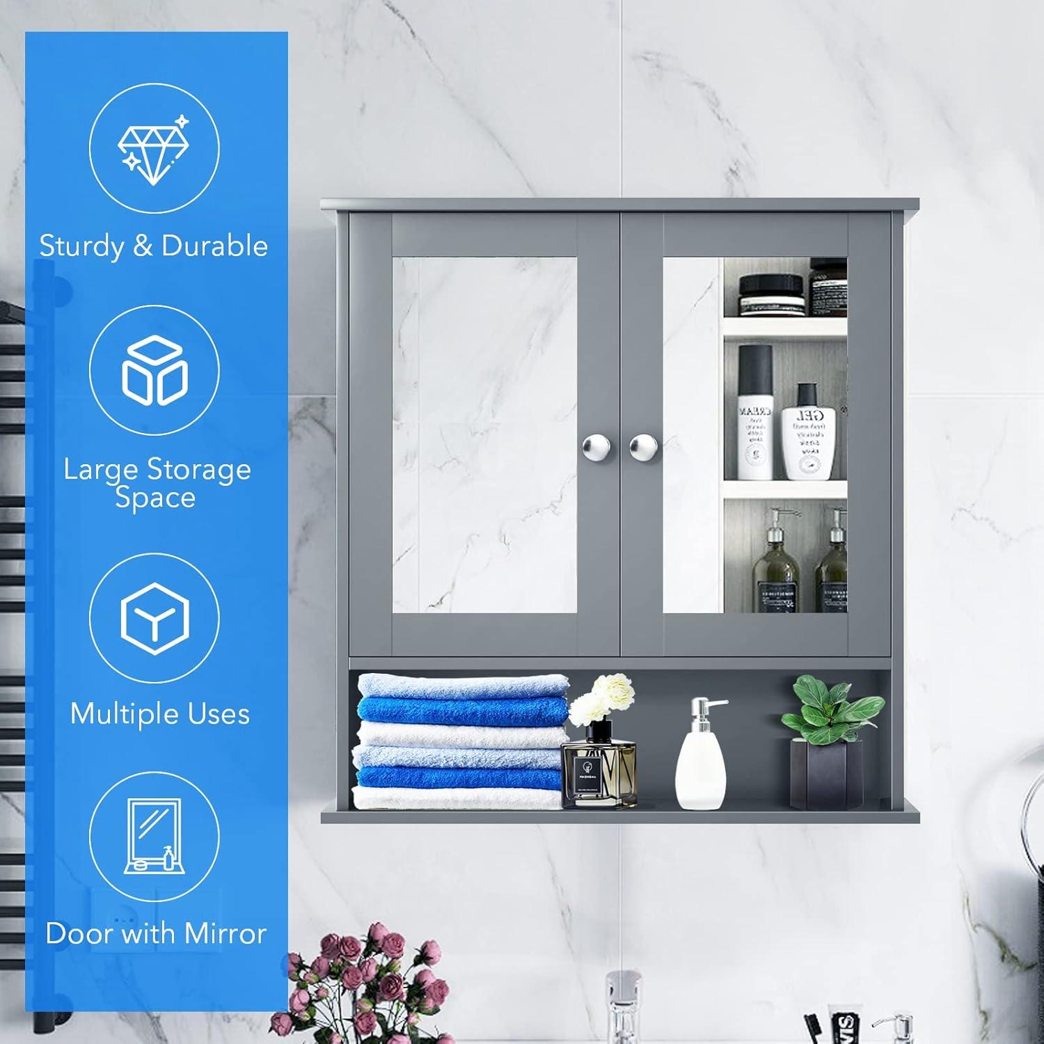 image:imageGiantex Medicine Cabinet Bathroom Wall Cabinet with 2 Mirrored Doors Adjustable Shelf Open Compartment Wall Mounted Cabinet Over The Toilet Storage Cabinet 22 x 5 x 23 Cupboard GreyGrey