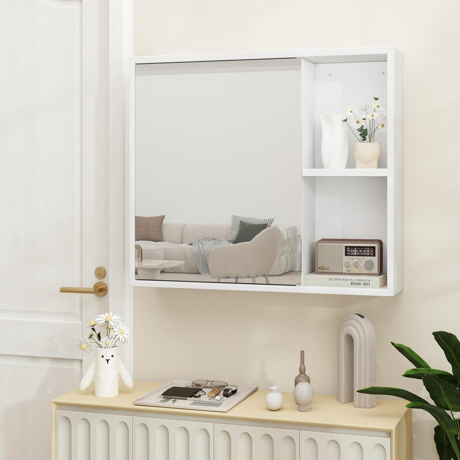 image:imageGiantex Medicine Cabinet Bathroom Wall Cabinet with Mirror Door 2 Adjustable Shelves 2 Open Shelves Vanity Mirrored Cabinet Over The Toilet Storage Cabinet for Laundry Room Entryway WhiteWhite