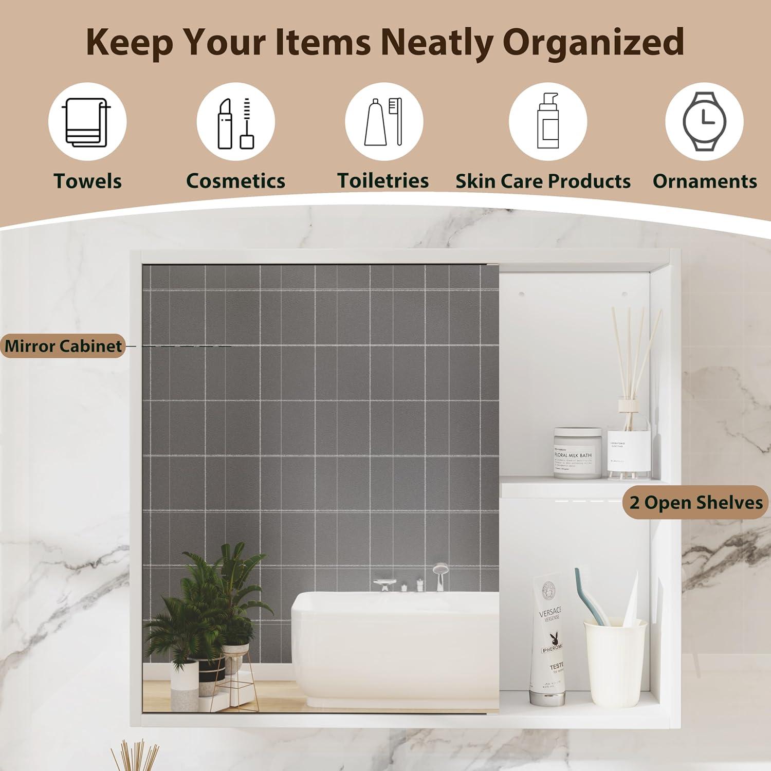 image:imageGiantex Medicine Cabinet Bathroom Wall Cabinet with Mirror Door 2 Adjustable Shelves 2 Open Shelves Vanity Mirrored Cabinet Over The Toilet Storage Cabinet for Laundry Room Entryway WhiteWhite