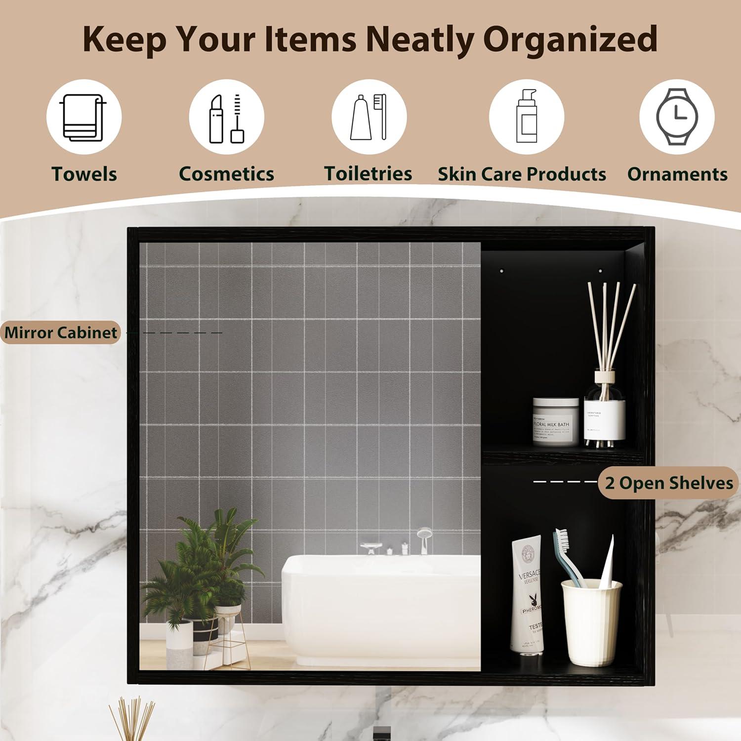 image:imageGiantex Medicine Cabinet Bathroom Wall Cabinet with Mirror Door 2 Adjustable Shelves 2 Open Shelves Vanity Mirrored Cabinet Over The Toilet Storage Cabinet for Laundry Room Entryway WhiteBlack
