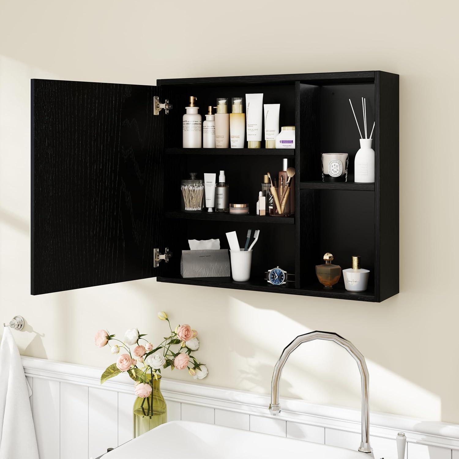 image:imageGiantex Medicine Cabinet Bathroom Wall Cabinet with Mirror Door 2 Adjustable Shelves 2 Open Shelves Vanity Mirrored Cabinet Over The Toilet Storage Cabinet for Laundry Room Entryway WhiteBlack