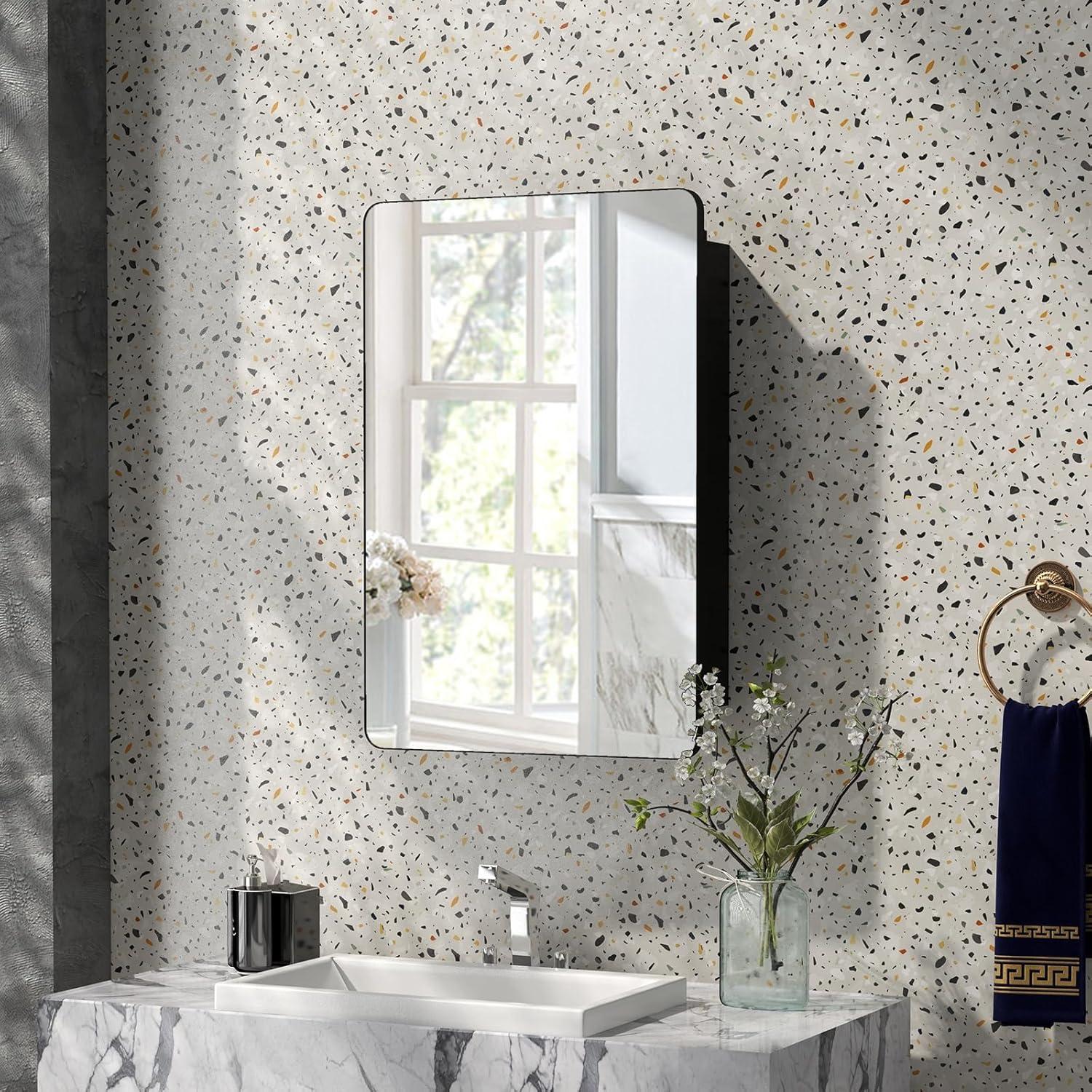 image:imageGiantex Medicine Cabinet Mirror 20x30 Bathroom Cabinet with Beveled Mirror Adjustable Shelves Rounded Rectangle Frame 2 Installation Method Recessed Wall Cabinet Wall Mount Cabinet Matt Black