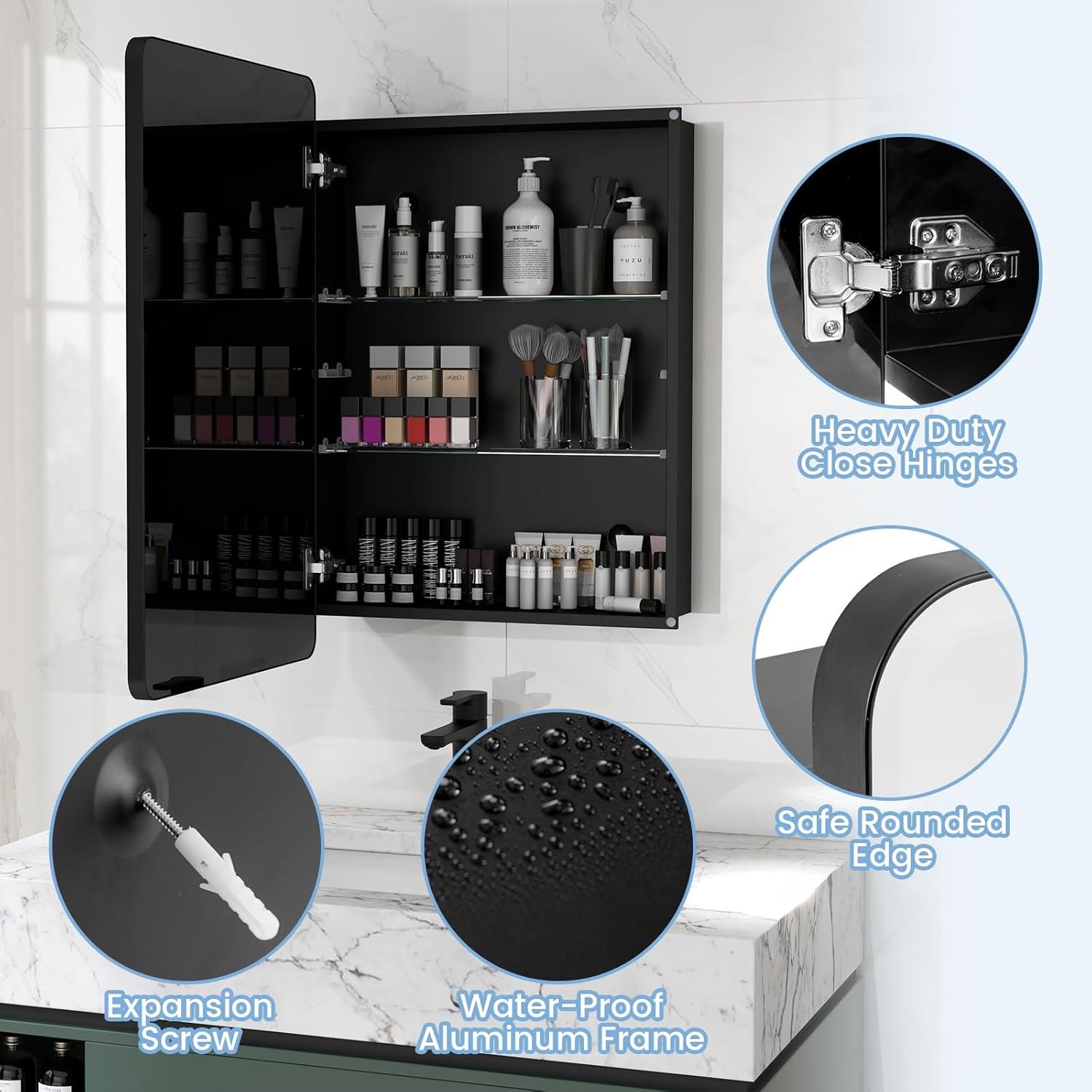 image:imageGiantex Medicine Cabinet Mirror 20x30 Bathroom Cabinet with Beveled Mirror Adjustable Shelves Rounded Rectangle Frame 2 Installation Method Recessed Wall Cabinet Wall Mount Cabinet Matt Black