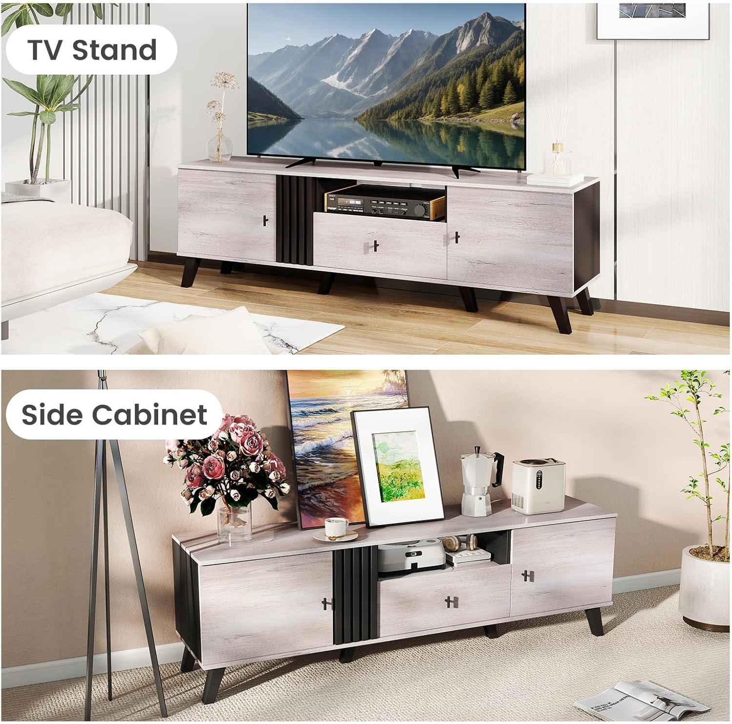 image:imageGiantex Mid Century Modern TV Stand for 6580 Inch TV Large Entertainment Center with Storage Drawer 2 Side Cabinet ampOpen Shelf Wood TV Console Table for Bedroom Living Room