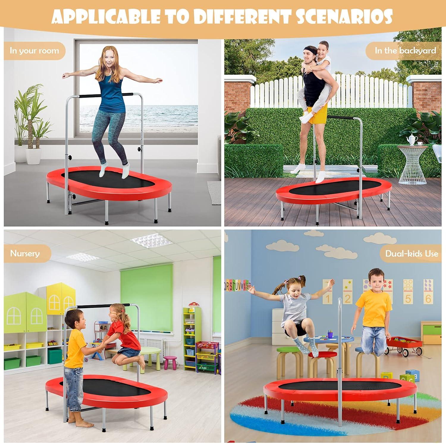 image:imageGiantex Mini Trampoline 2 Persons Foldable Fitness Trampoline w 5 Levels Height Adjustable Handle Max Load 330LBS Indoor Oval Rebounder Exercise Trampoline for Adult Kid Enjoy Parentchild Time