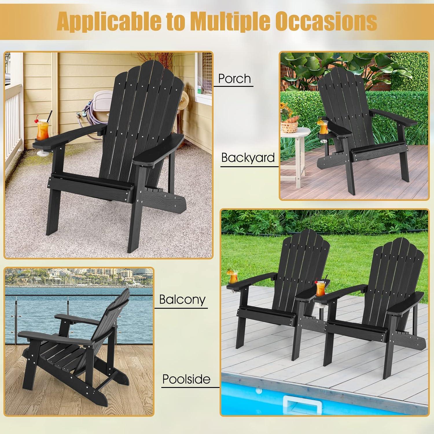 image:imageGiantex Outdoor Adirondack Chair Oversized Patio Chairs wHidden Cup Holder Realistic Wood Grain 380 LBS Weight Capacity Weather Resistant Firepit Chairs for Backyard Garden 4 BlackBlack