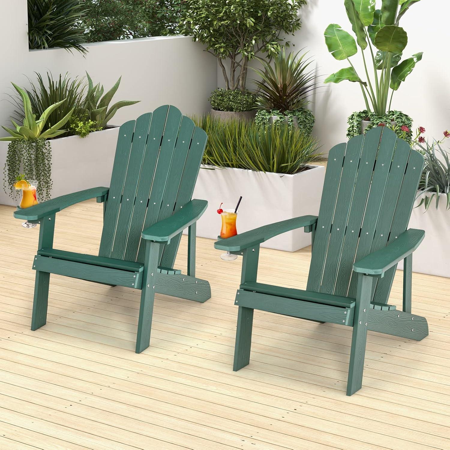 image:imageGiantex Outdoor Adirondack Chair Oversized Patio Chairs wHidden Cup Holder Realistic Wood Grain 380 LBS Weight Capacity Weather Resistant Firepit Chairs for Backyard Garden 4 BlackDark Green