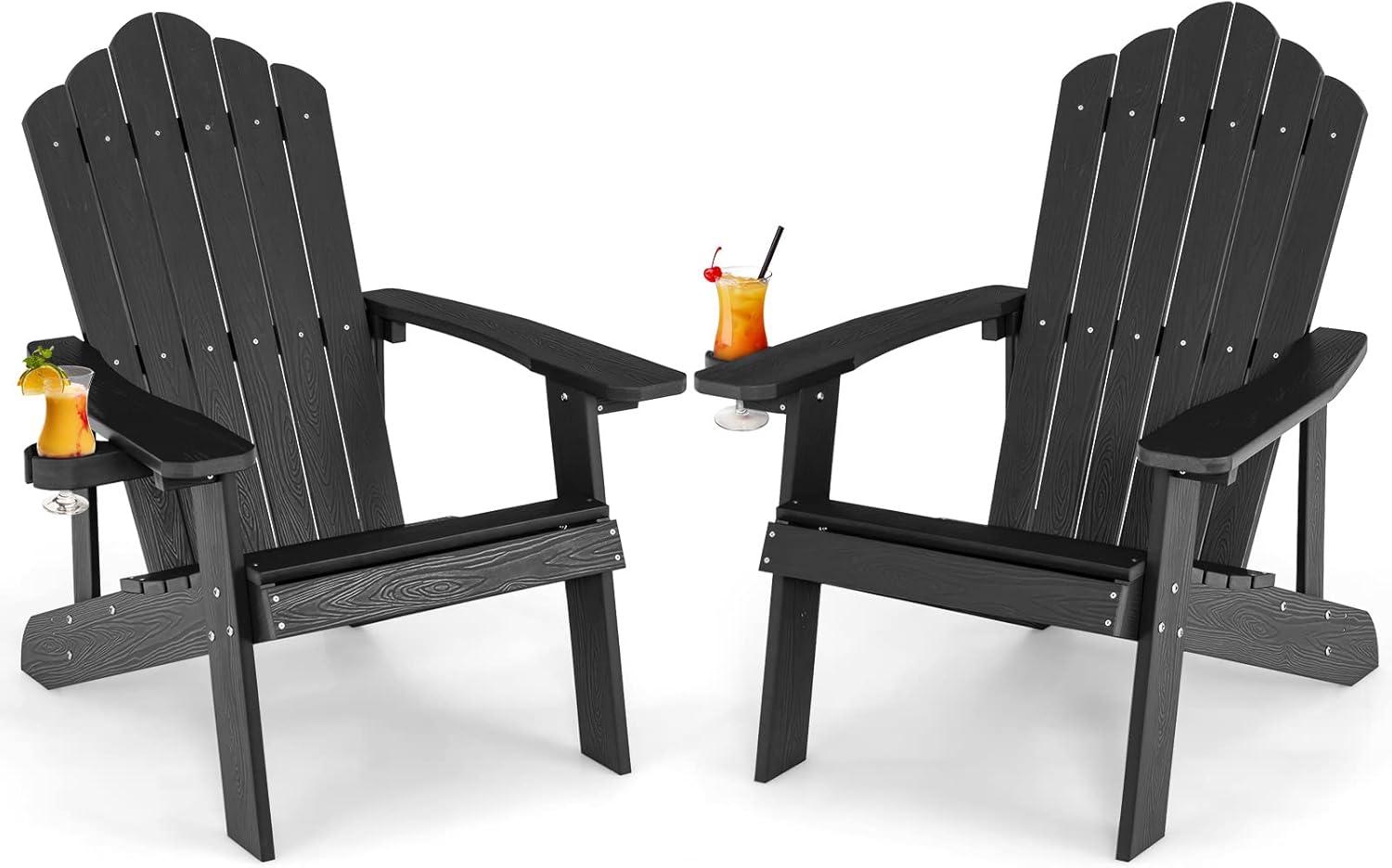 image:imageGiantex Outdoor Adirondack Chair Oversized Patio Chairs wHidden Cup Holder Realistic Wood Grain 380 LBS Weight Capacity Weather Resistant Firepit Chairs for Backyard Garden 4 BlackBlack
