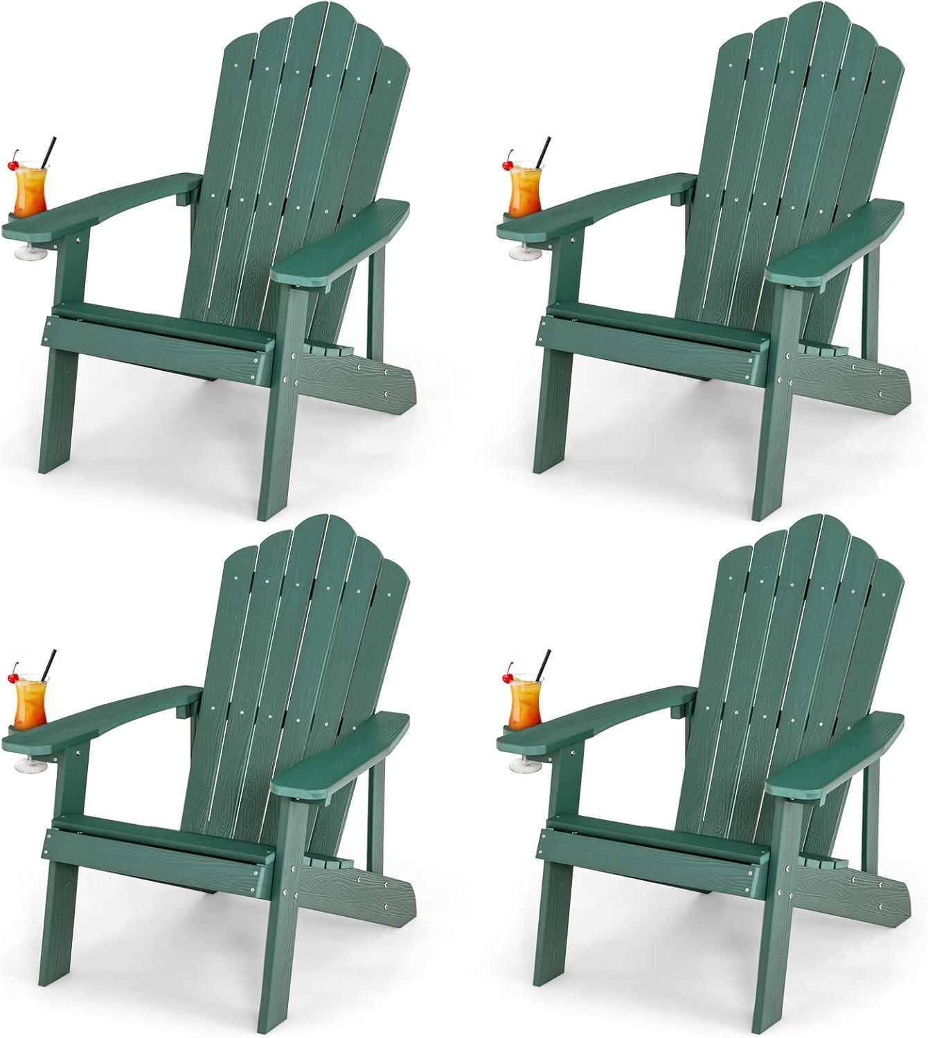 image:imageGiantex Outdoor Adirondack Chair Oversized Patio Chairs wHidden Cup Holder Realistic Wood Grain 380 LBS Weight Capacity Weather Resistant Firepit Chairs for Backyard Garden 4 BlackDark Green