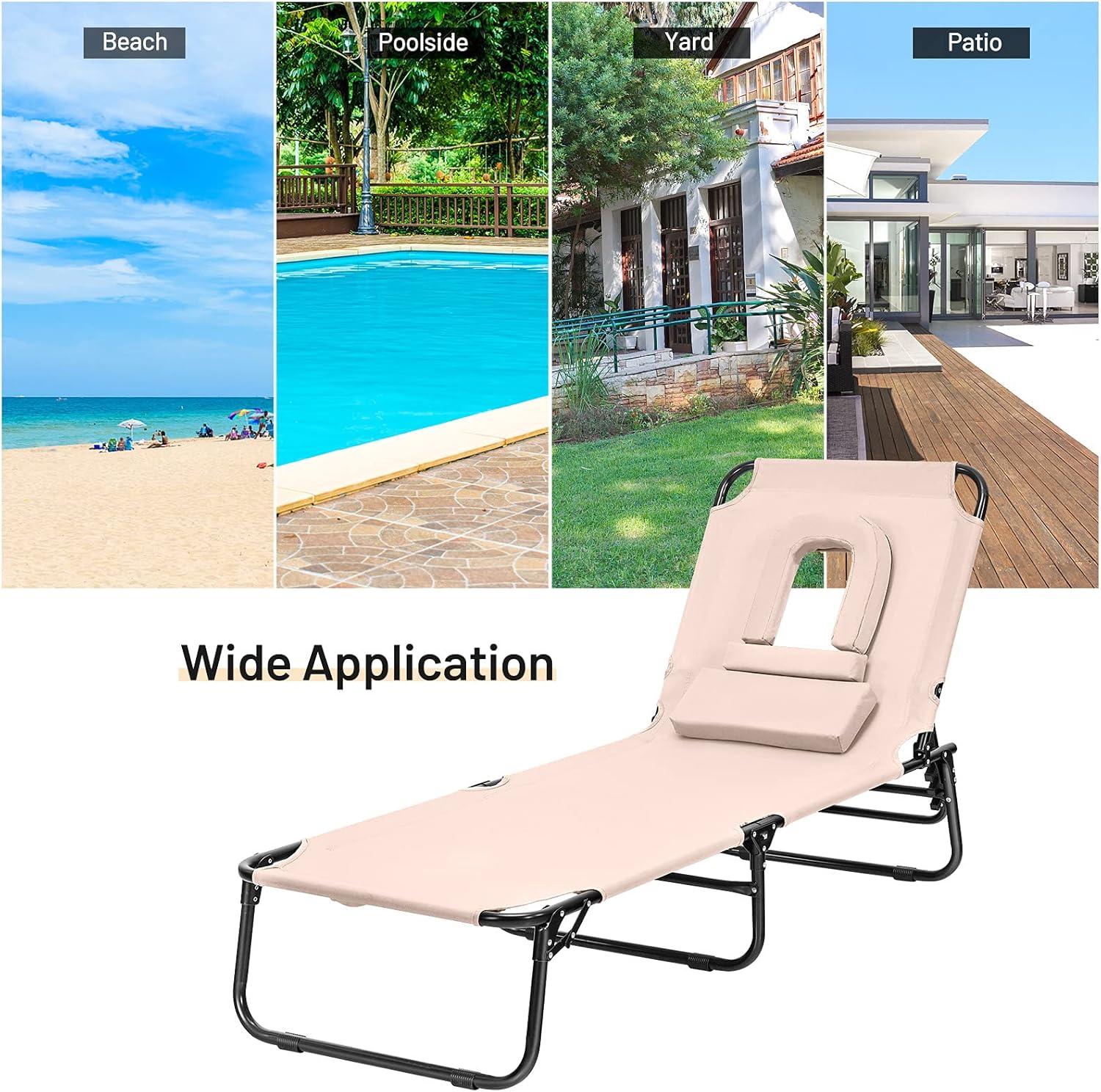 image:imageGiantex Outdoor Chaise Lounge Chair Folding Beach Chair with 5 Adjustable Positions Hole Detachable Pillow Hand Ropes Lounger for Sunbathing Poolside Yard Patio Lawn Chair 2 BeigeBeige