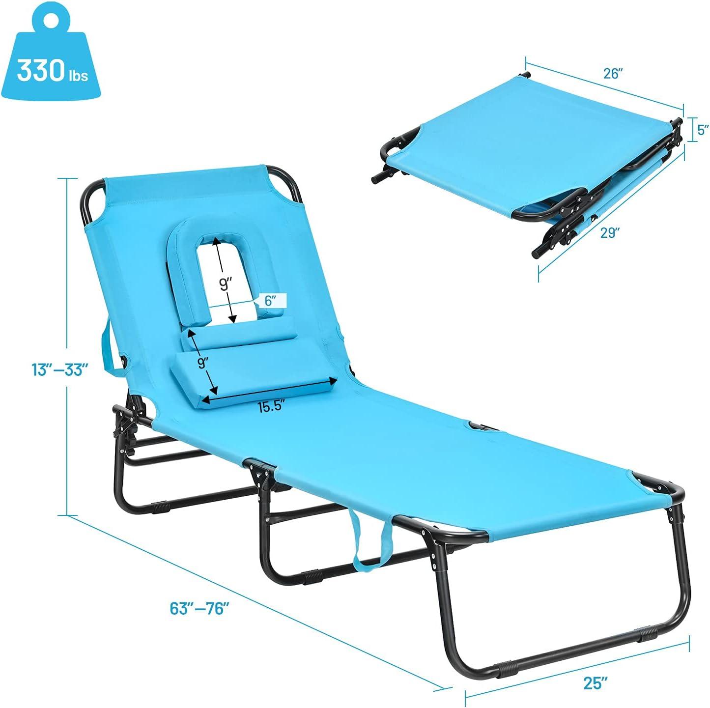image:imageGiantex Outdoor Chaise Lounge Chair Folding Beach Chair with 5 Adjustable Positions Hole Detachable Pillow Hand Ropes Lounger for Sunbathing Poolside Yard Patio Lawn Chair 2 BeigeTurquoise