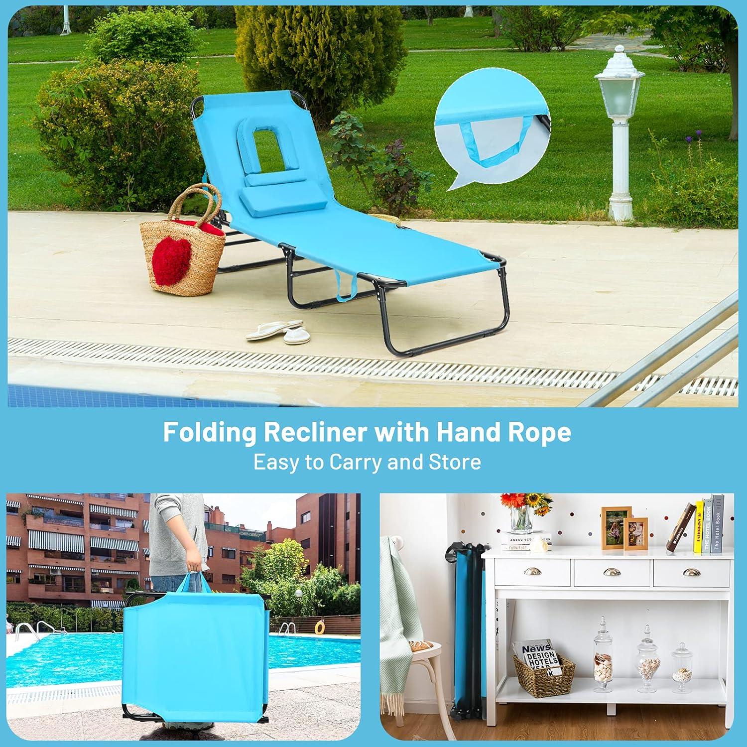 image:imageGiantex Outdoor Chaise Lounge Chair Folding Beach Chair with 5 Adjustable Positions Hole Detachable Pillow Hand Ropes Lounger for Sunbathing Poolside Yard Patio Lawn Chair 2 BeigeTurquoise