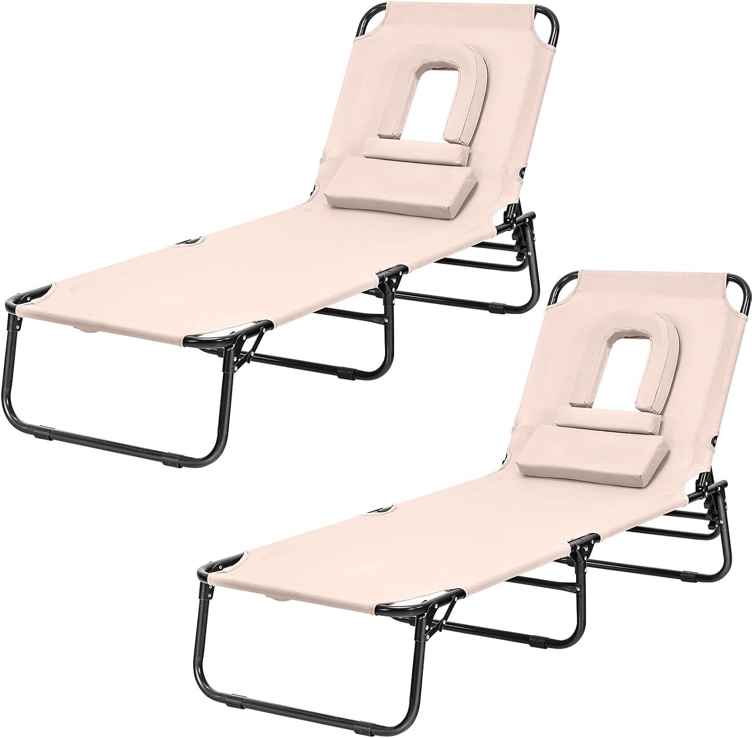 image:imageGiantex Outdoor Chaise Lounge Chair Folding Beach Chair with 5 Adjustable Positions Hole Detachable Pillow Hand Ropes Lounger for Sunbathing Poolside Yard Patio Lawn Chair 2 BeigeBeige