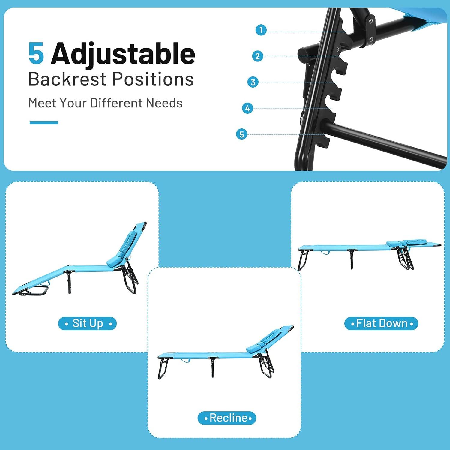 image:imageGiantex Outdoor Chaise Lounge Chair Folding Beach Chair with 5 Adjustable Positions Hole Detachable Pillow Hand Ropes Lounger for Sunbathing Poolside Yard Patio Lawn Chair 2 BeigeTurquoise