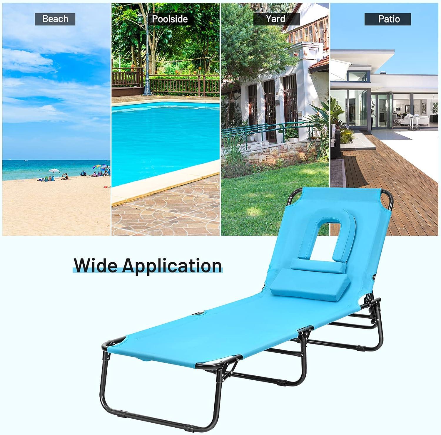 image:imageGiantex Outdoor Chaise Lounge Chair Folding Beach Chair with 5 Adjustable Positions Hole Detachable Pillow Hand Ropes Lounger for Sunbathing Poolside Yard Patio Lawn Chair 2 BeigeTurquoise