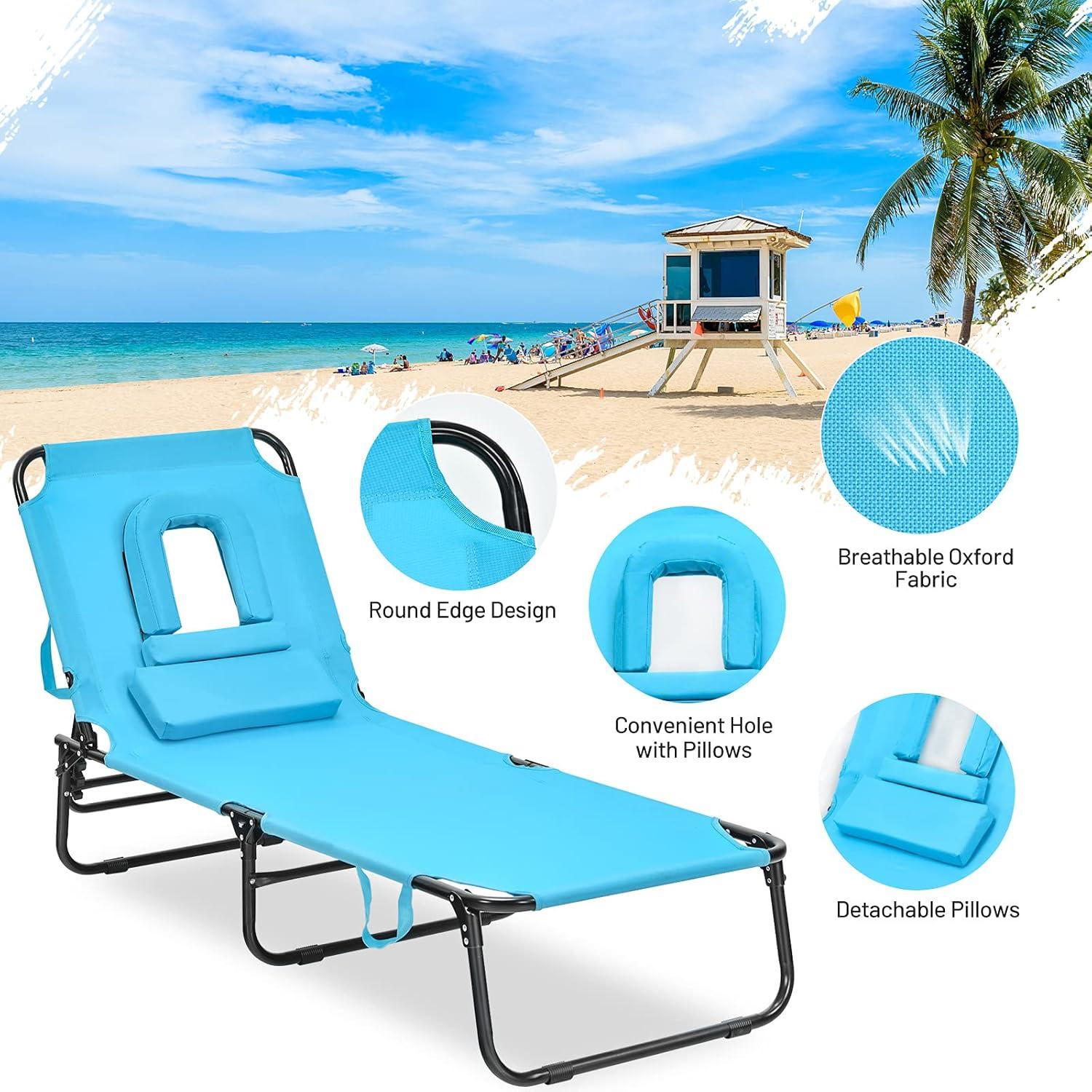 image:imageGiantex Outdoor Chaise Lounge Chair Folding Beach Chair with 5 Adjustable Positions Hole Detachable Pillow Hand Ropes Lounger for Sunbathing Poolside Yard Patio Lawn Chair 2 BeigeTurquoise