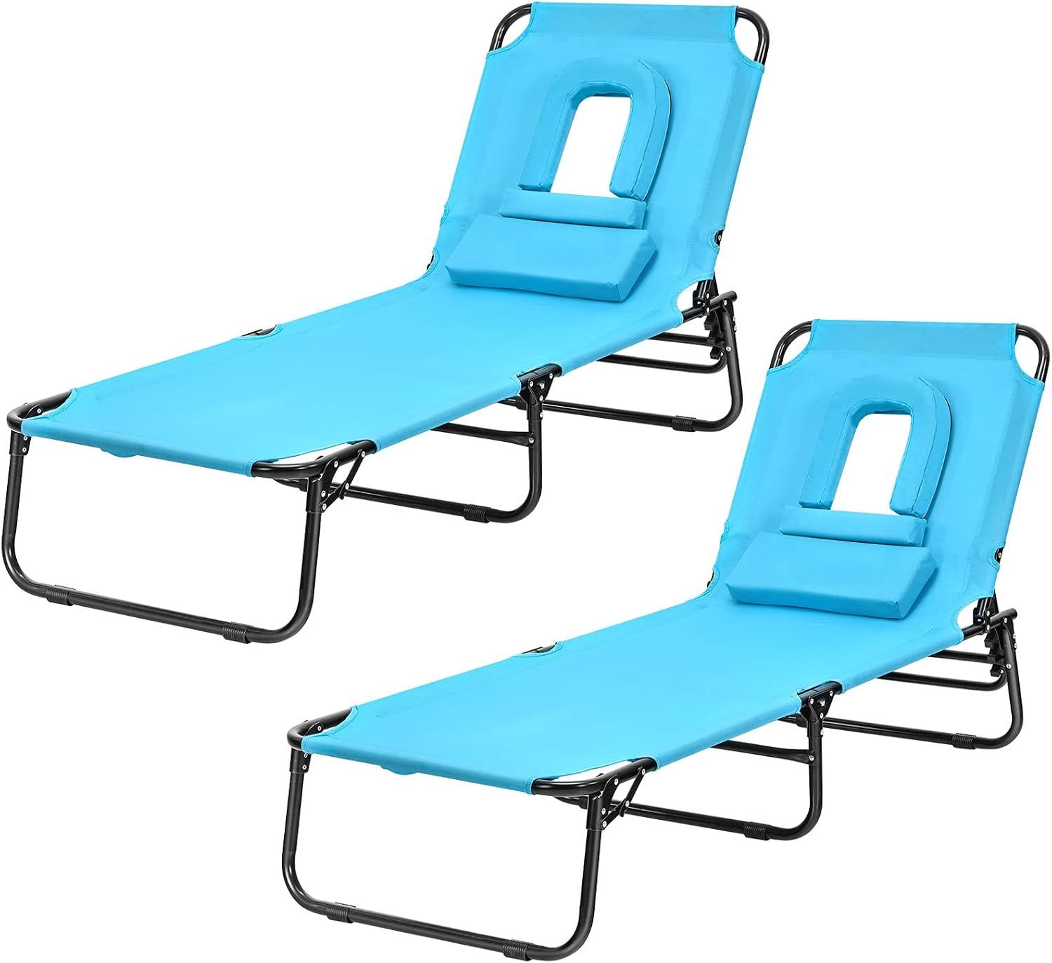 image:imageGiantex Outdoor Chaise Lounge Chair Folding Beach Chair with 5 Adjustable Positions Hole Detachable Pillow Hand Ropes Lounger for Sunbathing Poolside Yard Patio Lawn Chair 2 BeigeTurquoise