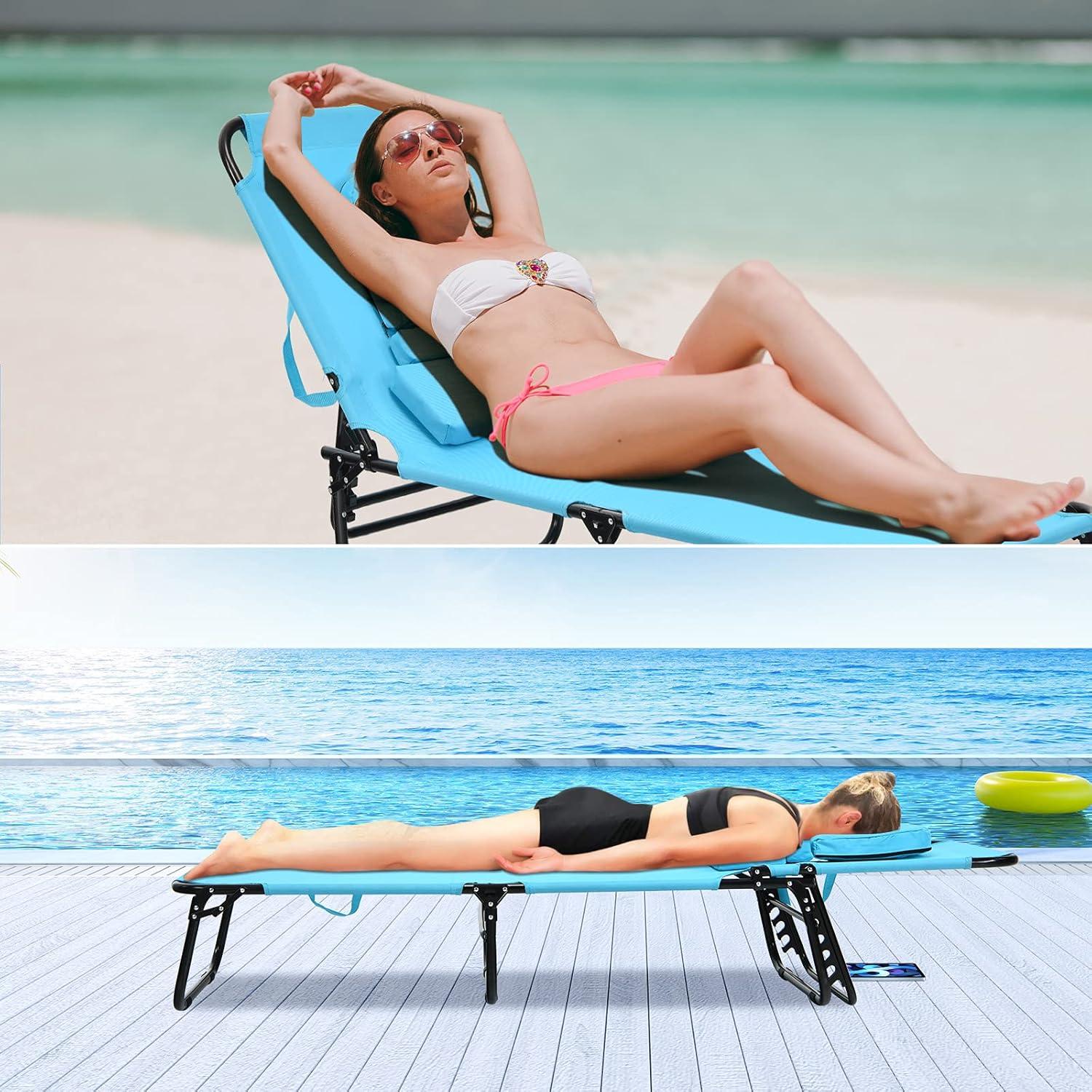 image:imageGiantex Outdoor Chaise Lounge Chair Folding Beach Chair with 5 Adjustable Positions Hole Detachable Pillow Hand Ropes Lounger for Sunbathing Poolside Yard Patio Lawn Chair 2 BeigeTurquoise