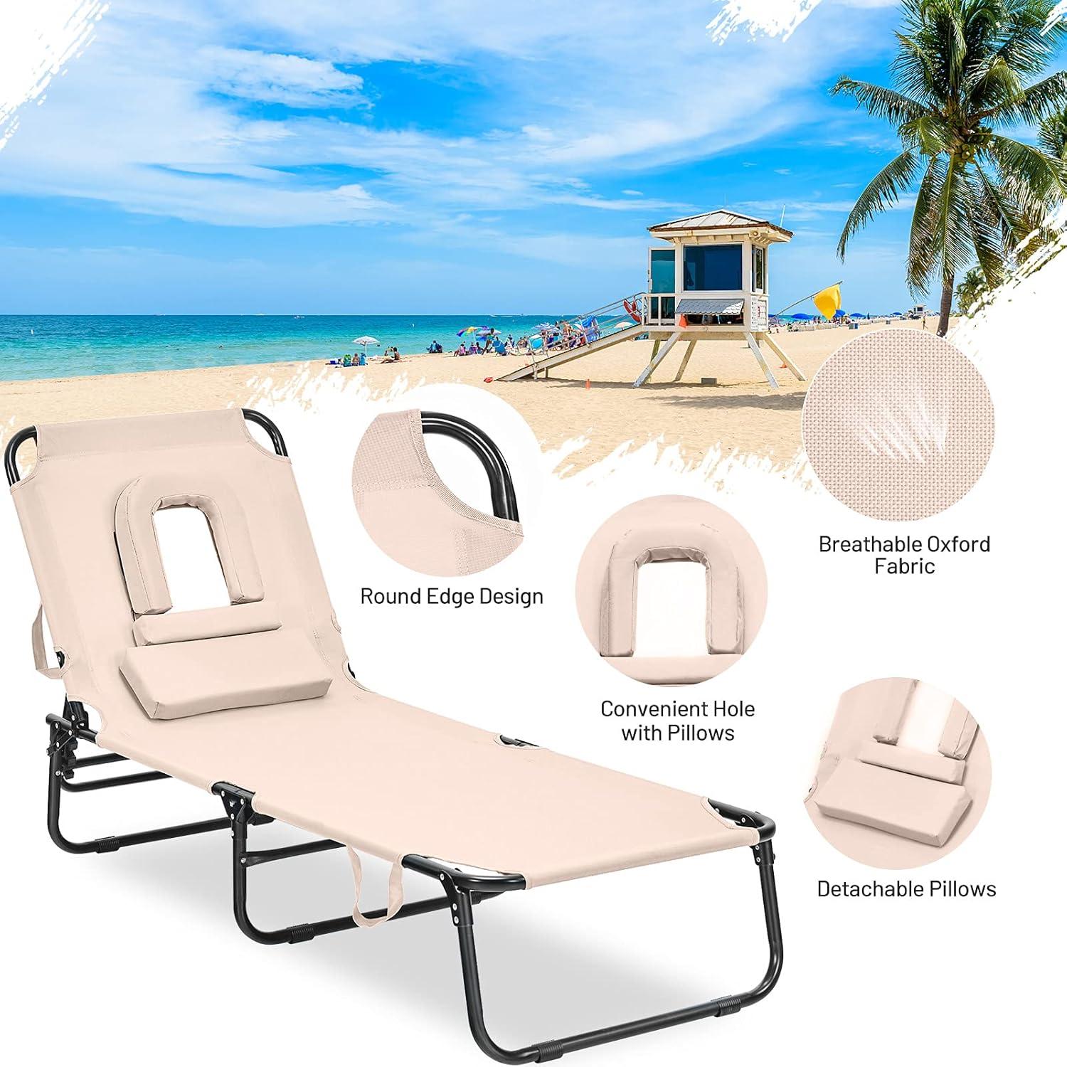 image:imageGiantex Outdoor Chaise Lounge Chair Folding Beach Chair with 5 Adjustable Positions Hole Detachable Pillow Hand Ropes Lounger for Sunbathing Poolside Yard Patio Lawn Chair 1 BeigeBeige