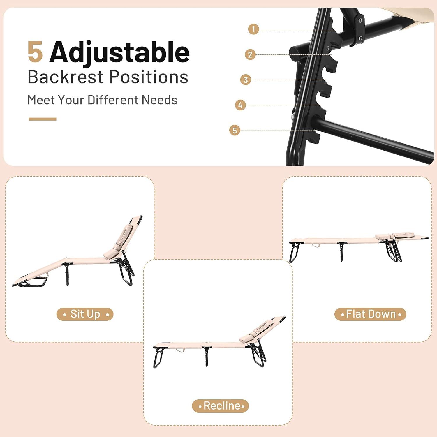 image:imageGiantex Outdoor Chaise Lounge Chair Folding Beach Chair with 5 Adjustable Positions Hole Detachable Pillow Hand Ropes Lounger for Sunbathing Poolside Yard Patio Lawn Chair 2 BeigeBeige