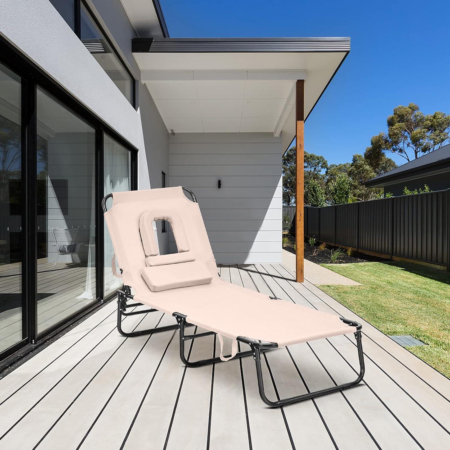 image:imageGiantex Outdoor Chaise Lounge Chair Folding Beach Chair with 5 Adjustable Positions Hole Detachable Pillow Hand Ropes Lounger for Sunbathing Poolside Yard Patio Lawn Chair 2 BeigeBeige
