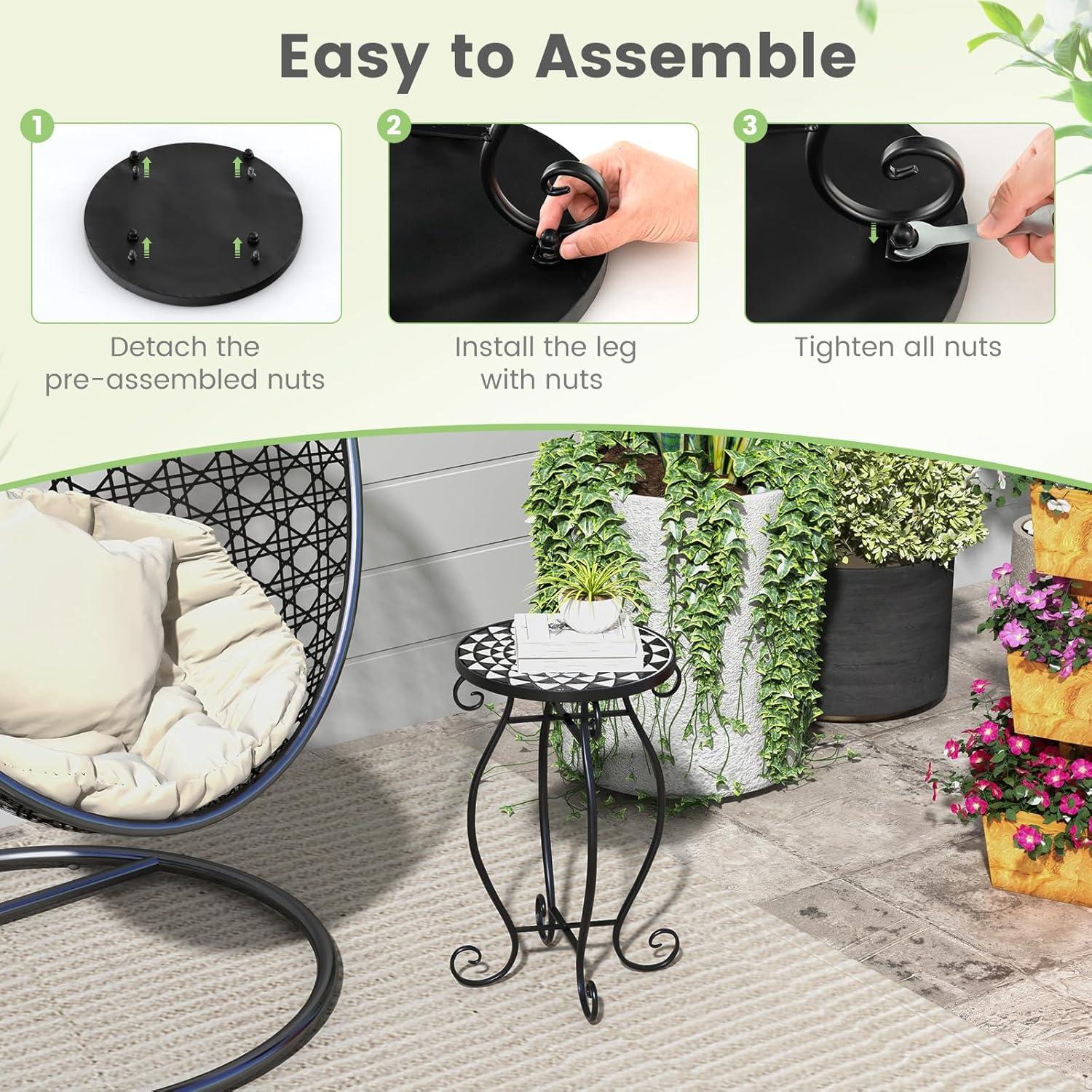 image:imageGiantex Outdoor Side Table Mosaic Patio Table 14inch Accent Table Plant Stand Indoor Ceramic Tile Top Metal Frame Small End Table Porch Beach Patio Garden Balcony PoolsideMonochrome