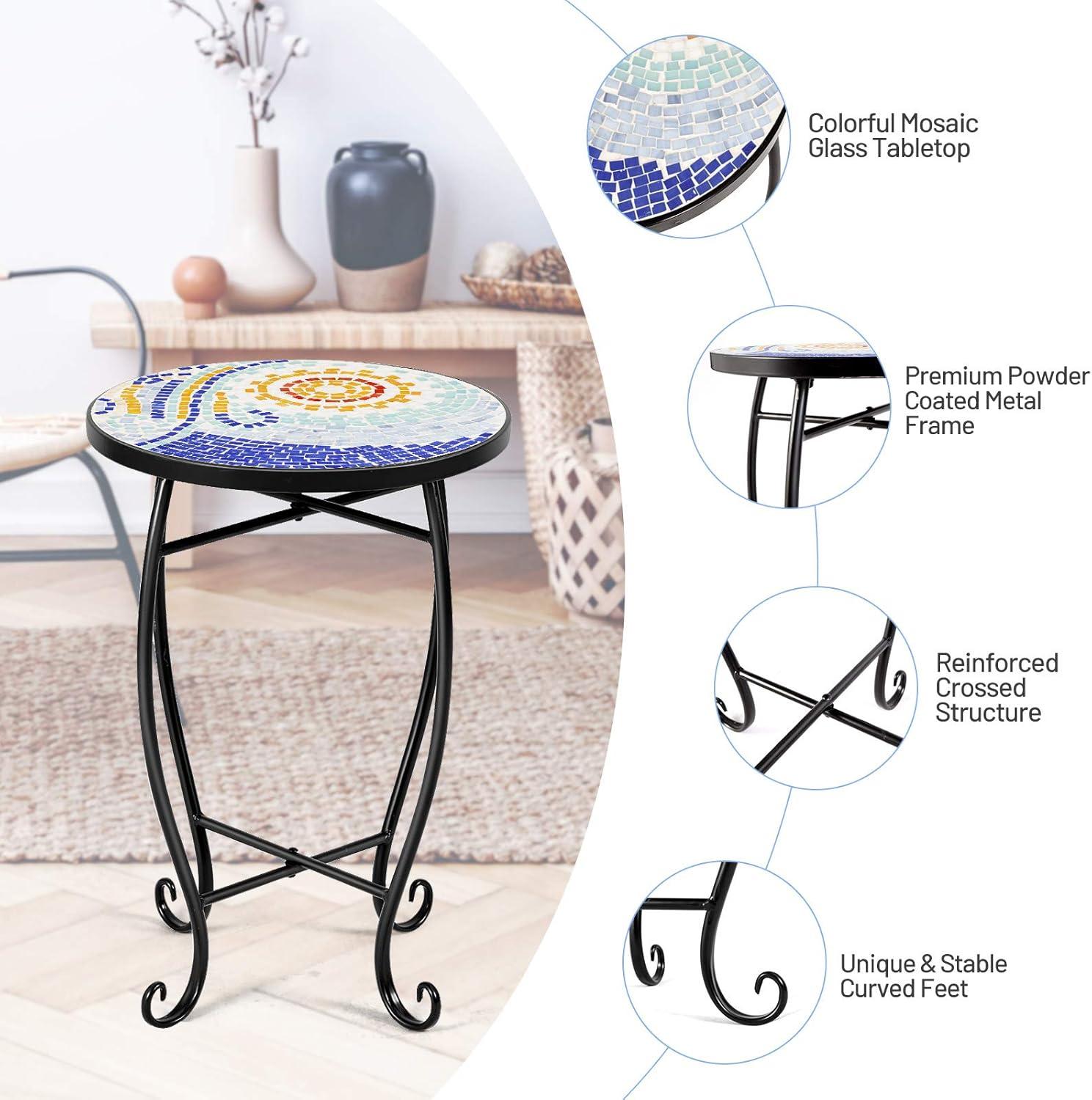 image:imageGiantex Outdoor Side Table Mosaic Patio Table 14inch Accent Table Plant Stand Indoor Ceramic Tile Top Metal Frame Small End Table Porch Beach Patio Garden Balcony PoolsideSun