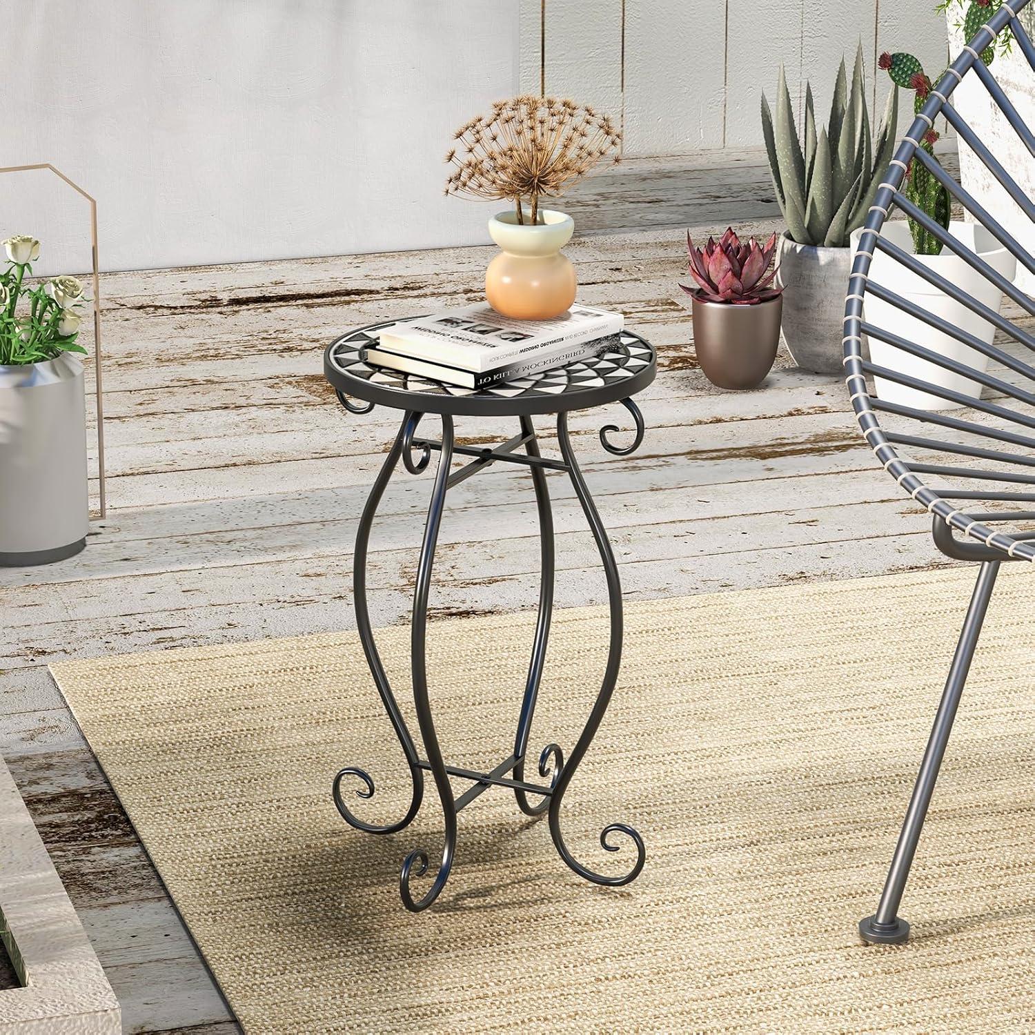 image:imageGiantex Outdoor Side Table Mosaic Patio Table 14inch Accent Table Plant Stand Indoor Ceramic Tile Top Metal Frame Small End Table Porch Beach Patio Garden Balcony PoolsideMonochrome