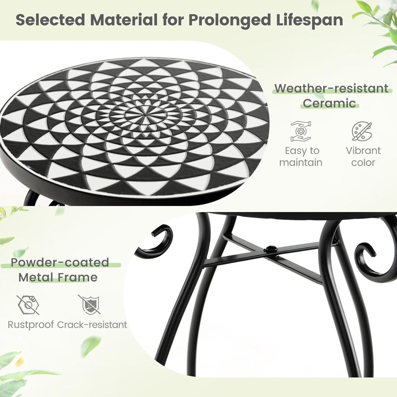 image:imageGiantex Outdoor Side Table Mosaic Patio Table 14inch Accent Table Plant Stand Indoor Ceramic Tile Top Metal Frame Small End Table Porch Beach Patio Garden Balcony PoolsideMonochrome