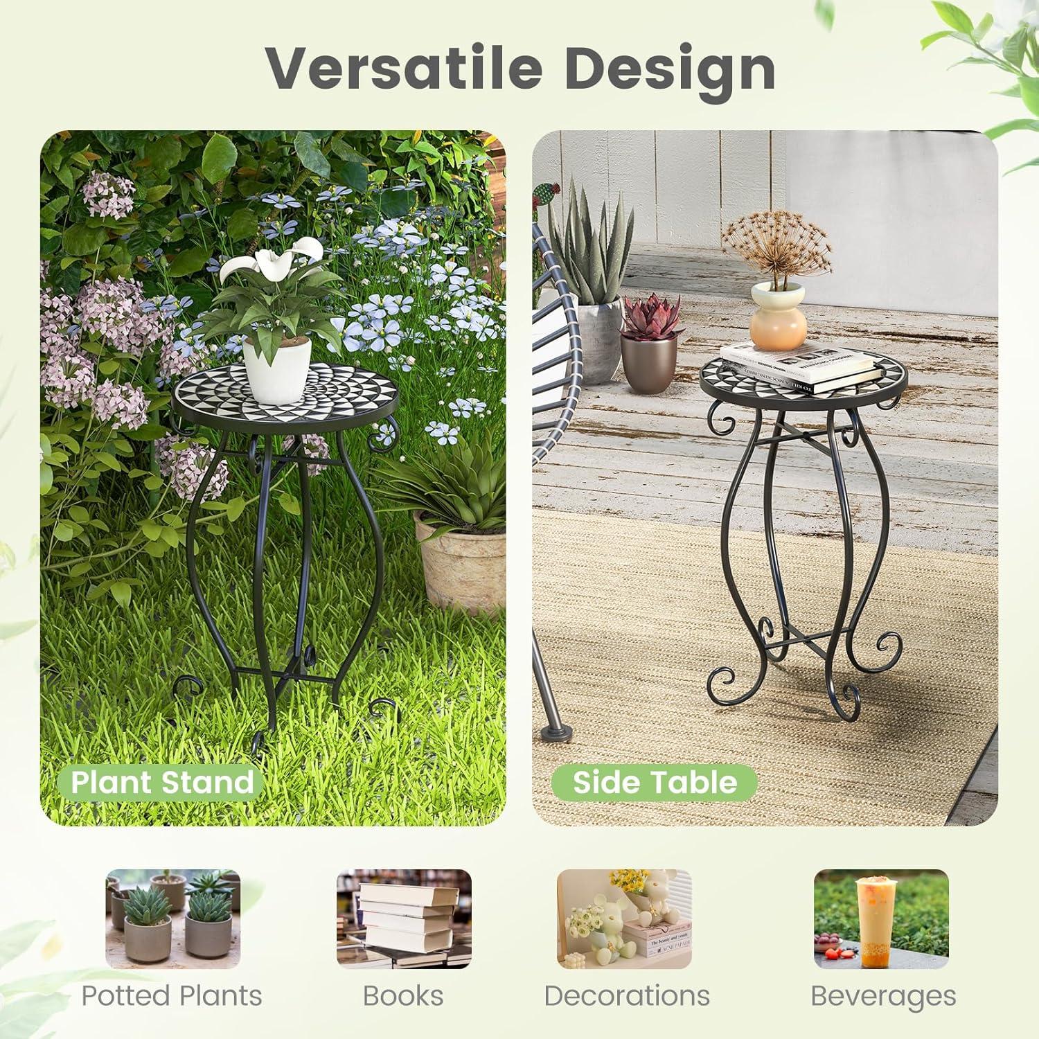 image:imageGiantex Outdoor Side Table Mosaic Patio Table 14inch Accent Table Plant Stand Indoor Ceramic Tile Top Metal Frame Small End Table Porch Beach Patio Garden Balcony PoolsideMonochrome