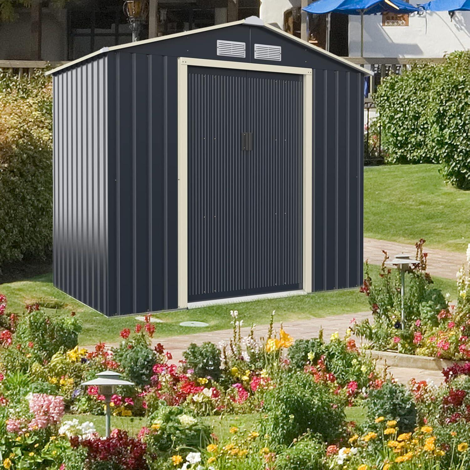image:imageGiantex Outdoor Storage Shed with Double Sliding Door Galvanized Metal Garden Storage Room Front and Back Vent Weather Resistant Tool Storage Shed for Backyard Patio Lawn 7 x 4 FT7 x 4 FT